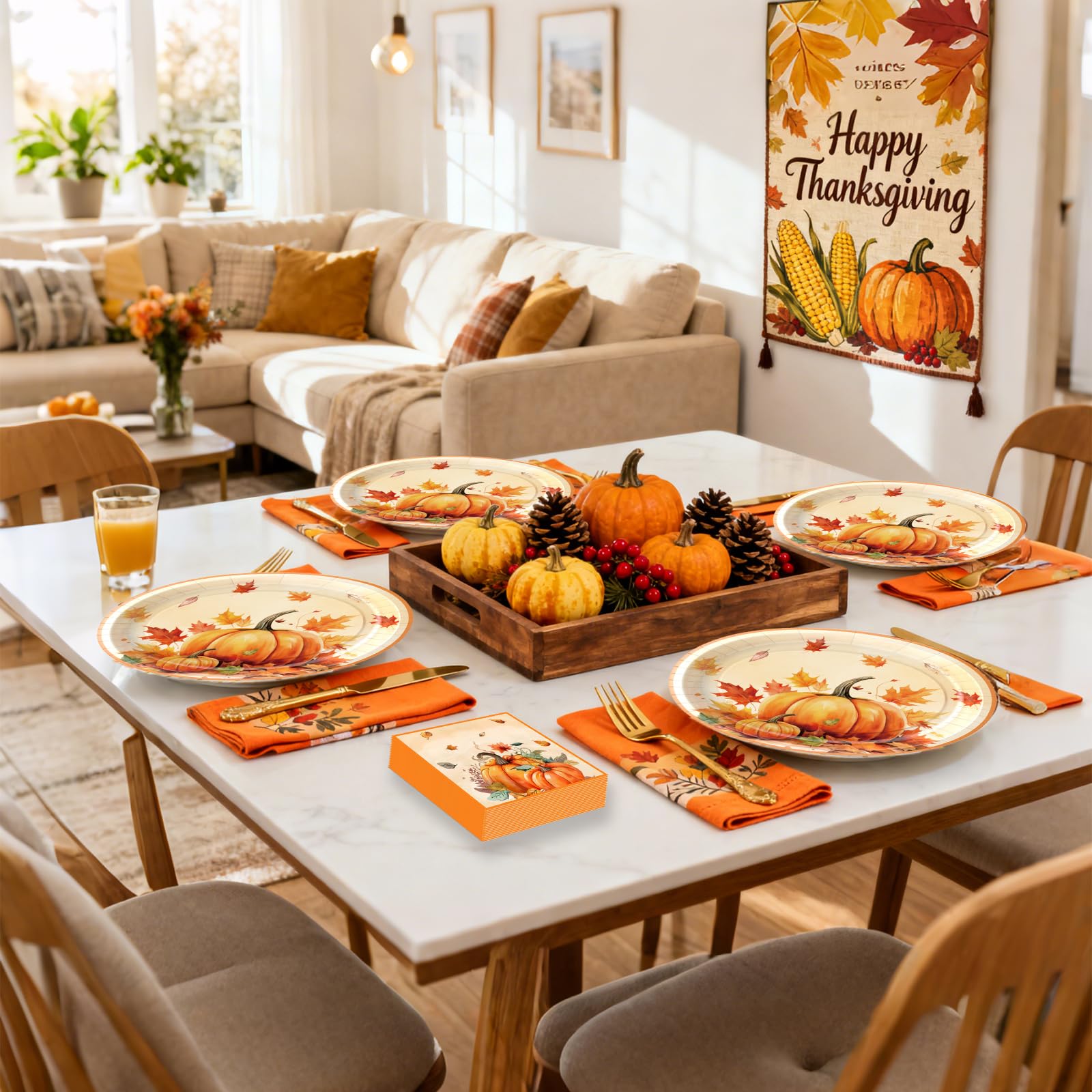 UODBUYO 100Pcs Thanksgiving Oval Paper Plates and Napkins Set,10 x 12 Large Disposable Plates for Thanksgiving Party