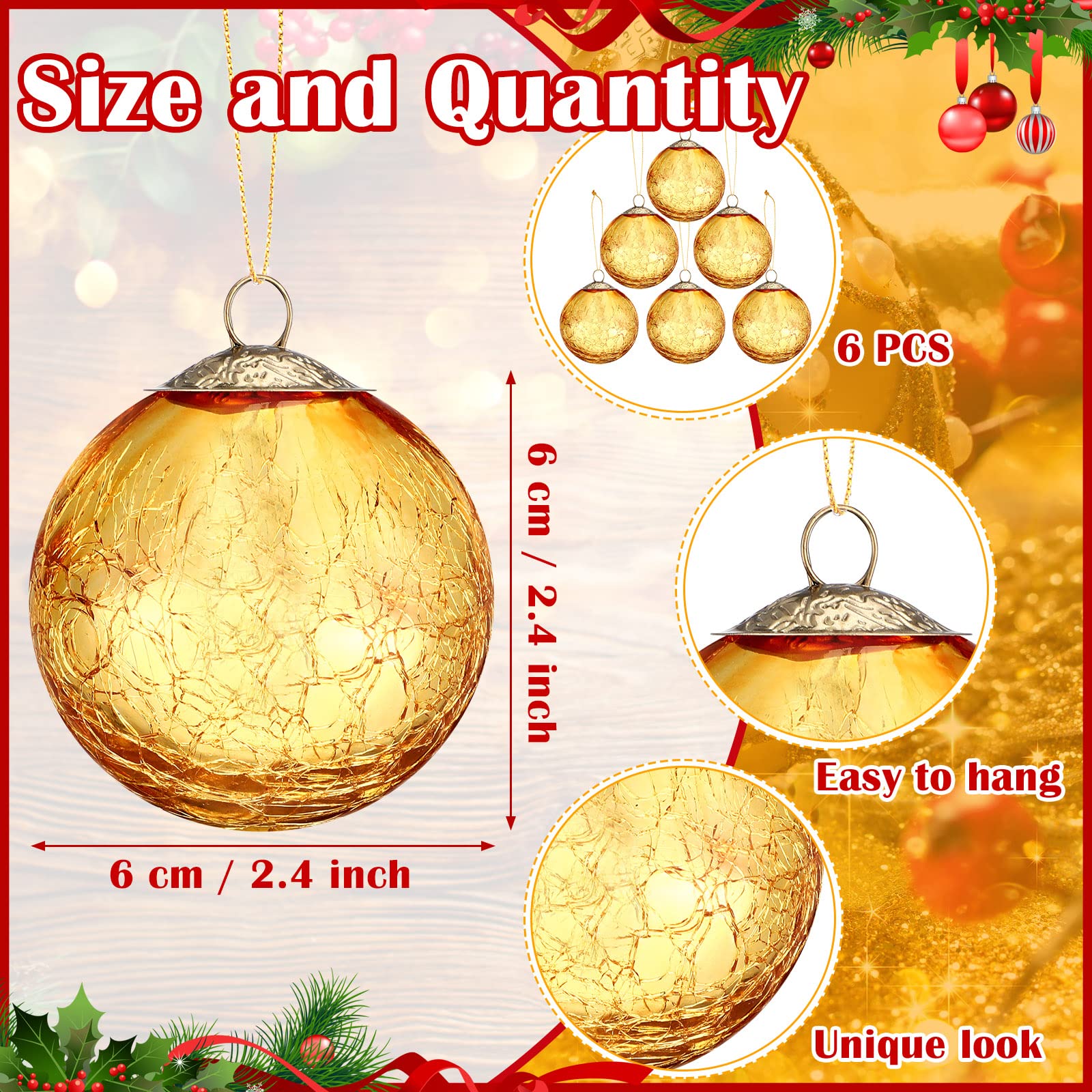 Hungdao 6 Pieces Mini Glass Christmas Ball Ornaments for Christmas Tree Vintage Crackle Glass Ball Decorative Hanging Glitter Or