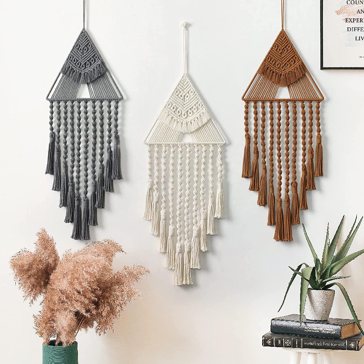 Kaahira Cotton Handmade Macrame Boho Wall Hanging Dream Catcher Triangle Tassel | Bohemian Wall Art Home Decor - Brown
