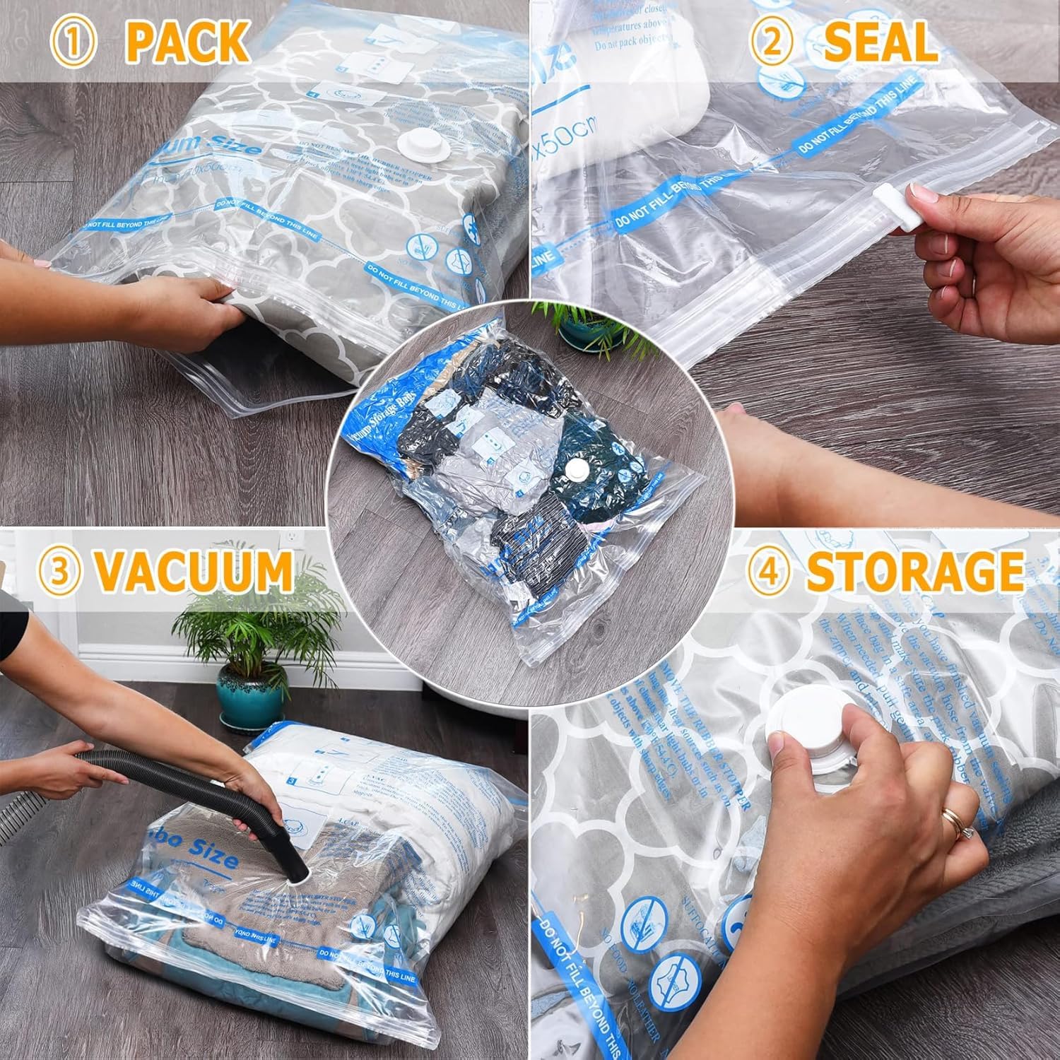 Vacuum Storage Bags 10 Combo (5 Jumbo/5 Large), Plastic Packaging Bags,Space Saver Bags for Clothes, Pillows, Comforters, Blanke