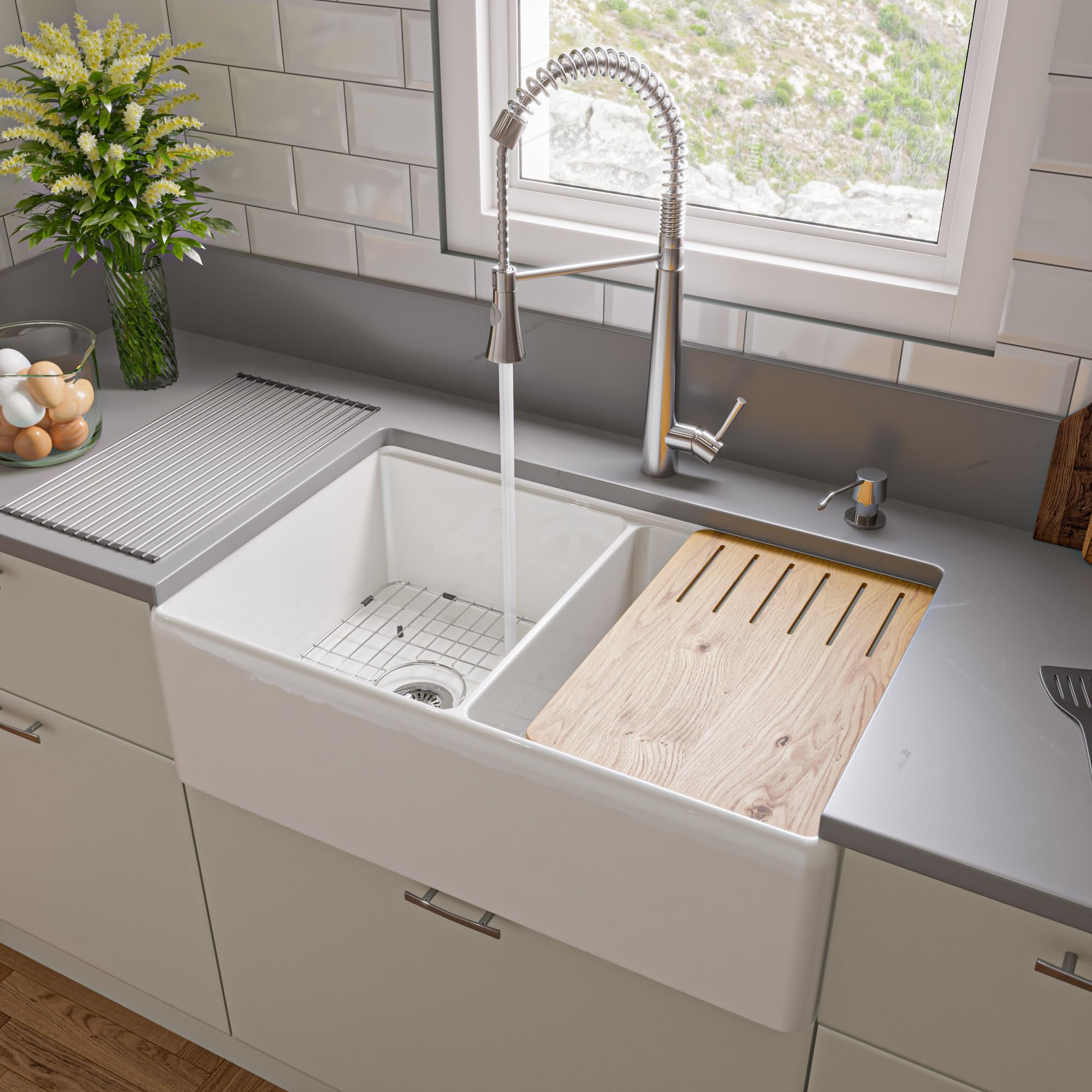 Alfi Brand Abfs3320D-W White 33'' X 20'' Workstation Double Bowl Step Rim Fireclay Farm Sink With Accessories