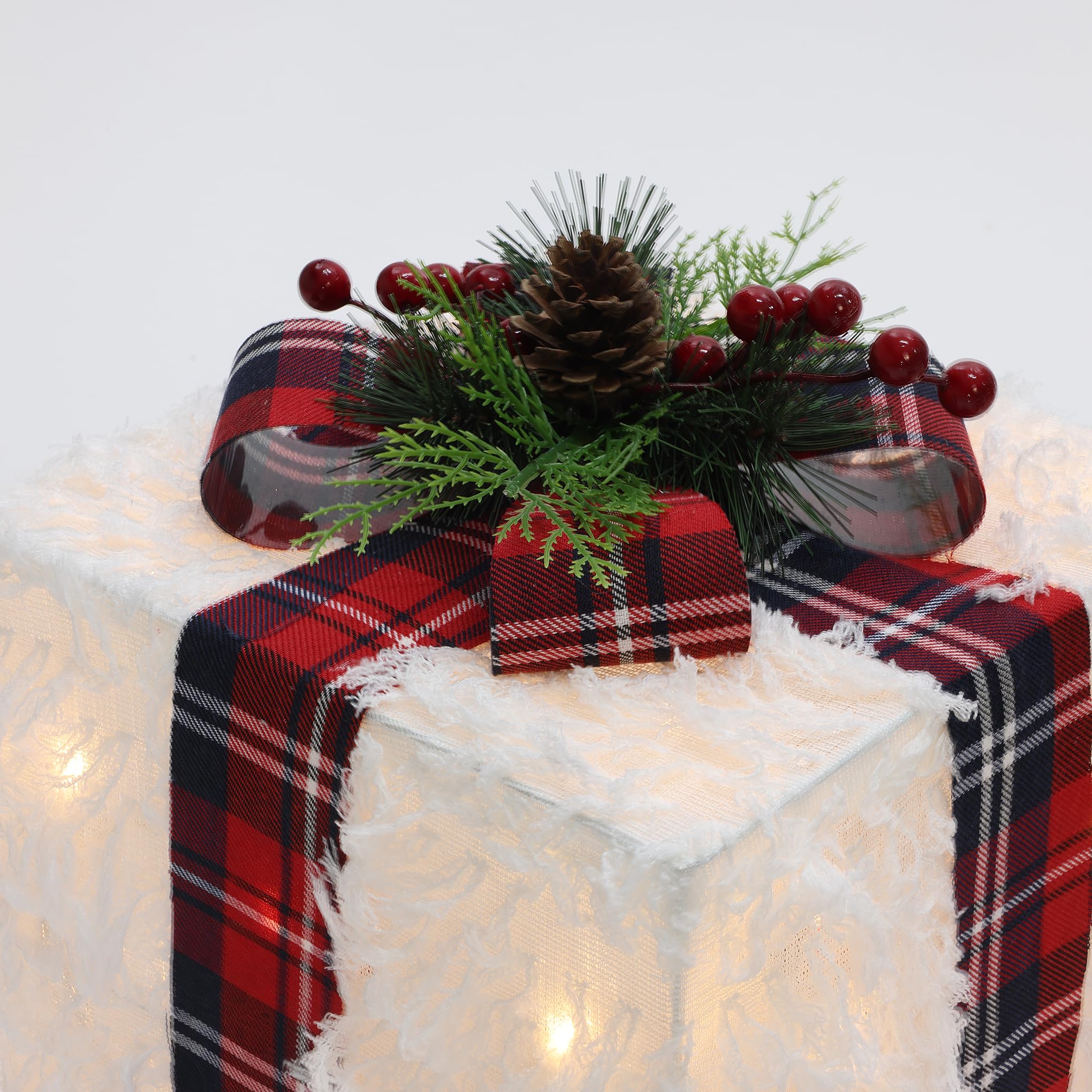 LuxenHome Set of 3 Lighted Gift Boxes, Battery Operated White Feathery Fabric with Red Ribbon Bow Boxes for Xmas, Lawn, Porch, U