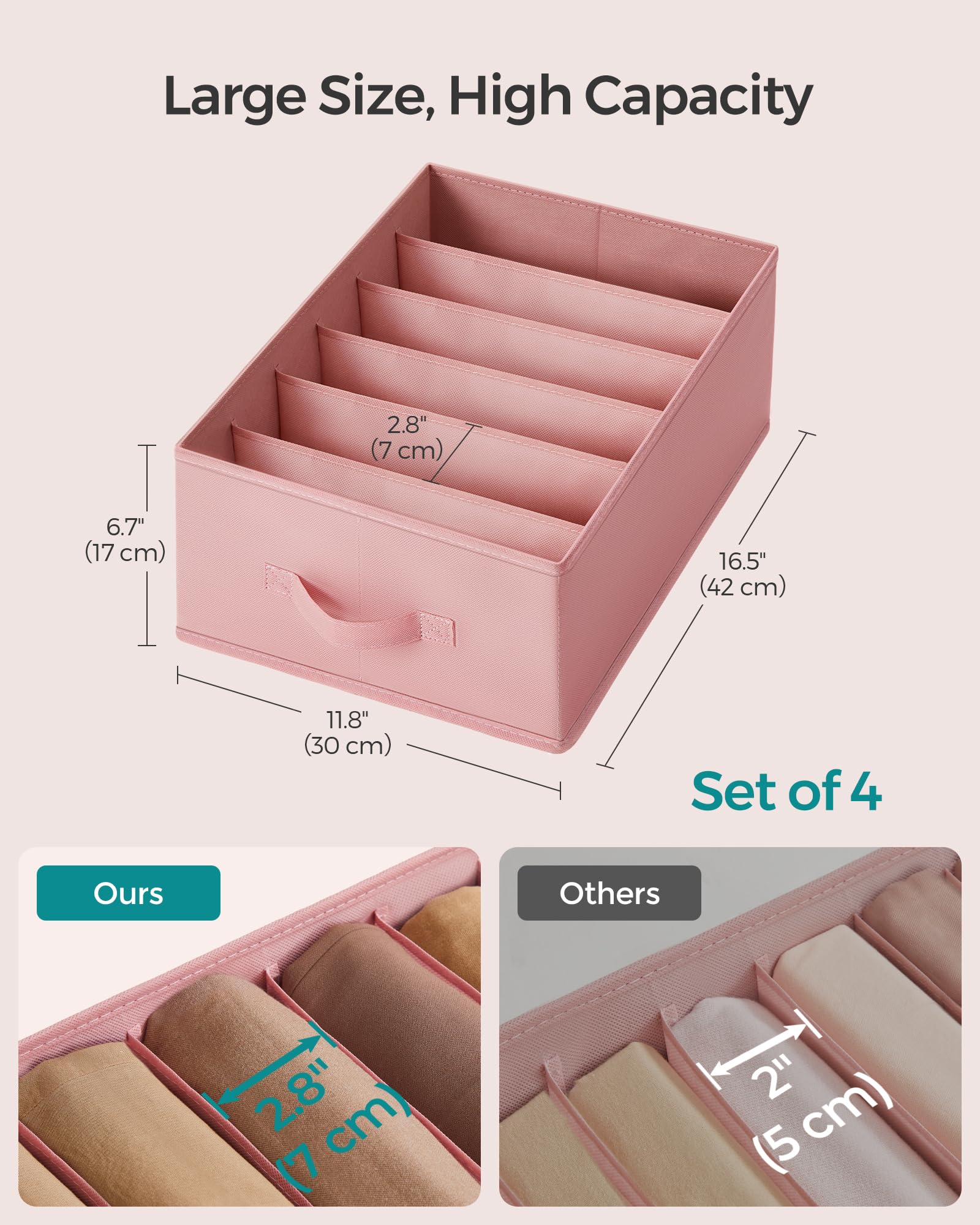 SONGMICS Set of 4 Large Size Wardrobe Clothes Organizers, 6-Compartment Foldable Drawer Organizers with Handles, 16.5 x 11.8 x 6