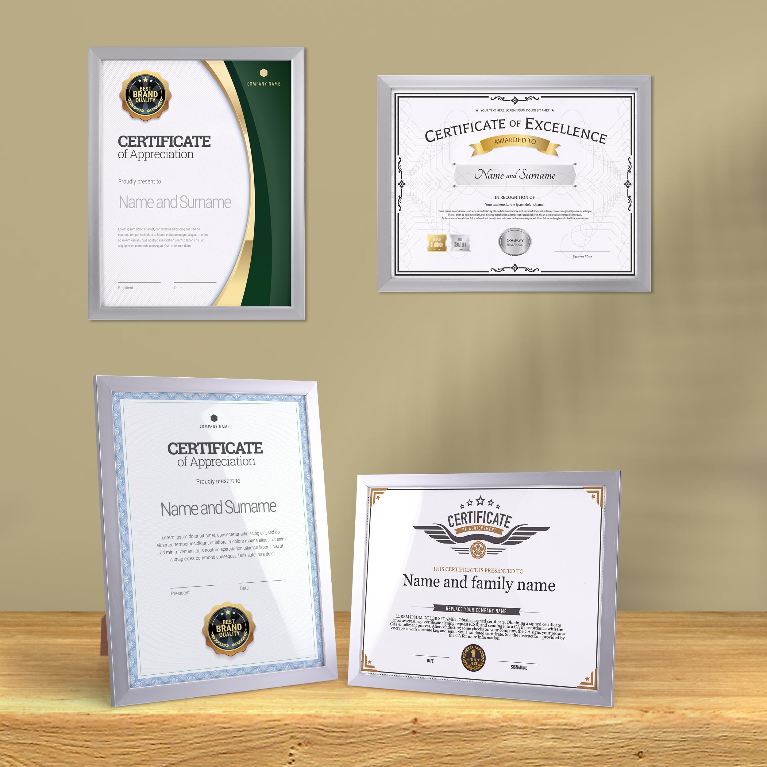 EYMPEU 8.5x11 Picture Frames Silver Set of 7, 8.5 x 11 Certifaicate Frame Document Award Diploma Display, Wall or Tabletop