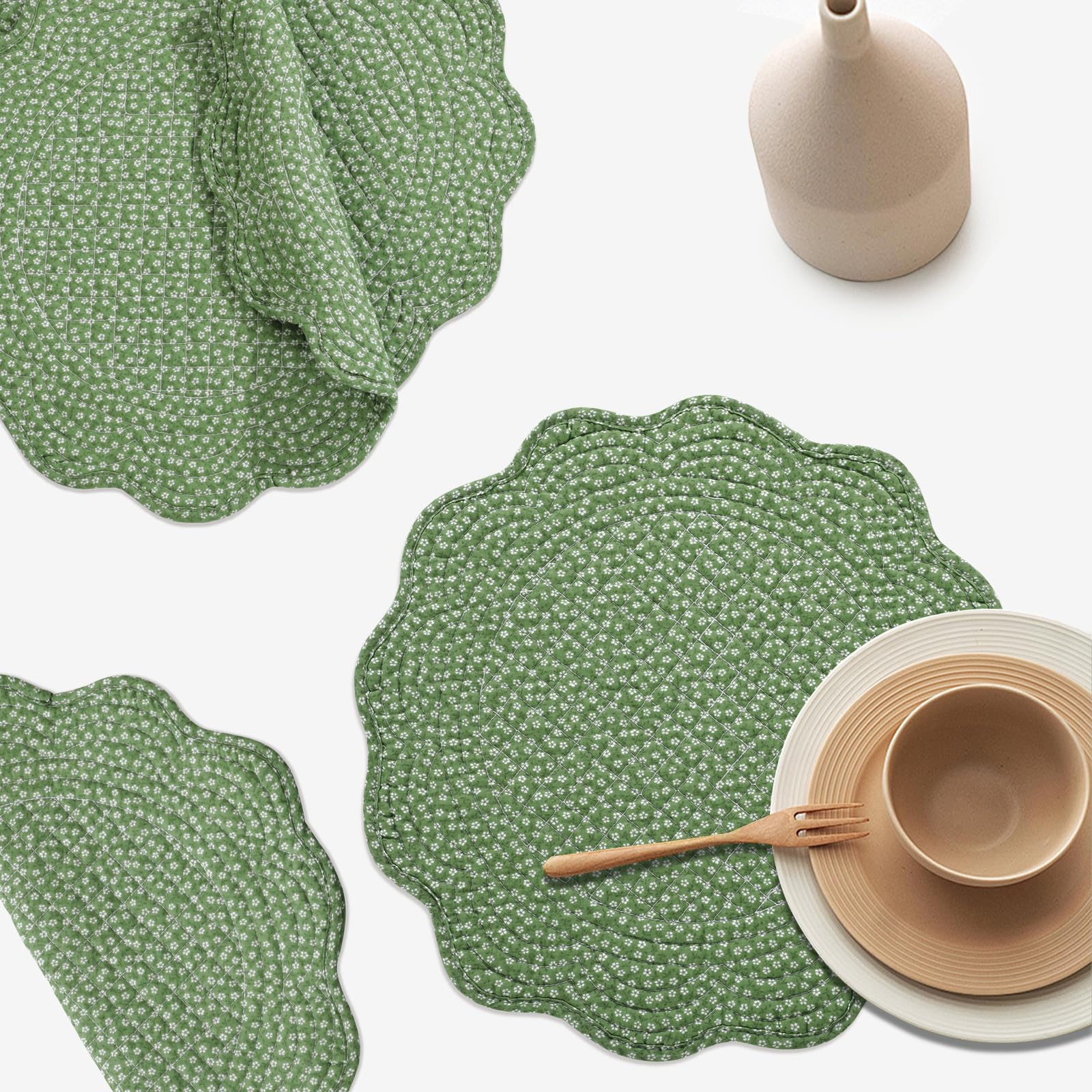 Hombys Quilted Placemats Set Of 4 Washable Round Placemats For Kitchen Table-100% Cotton Fabric Round Table Mats, (Green With Wh
