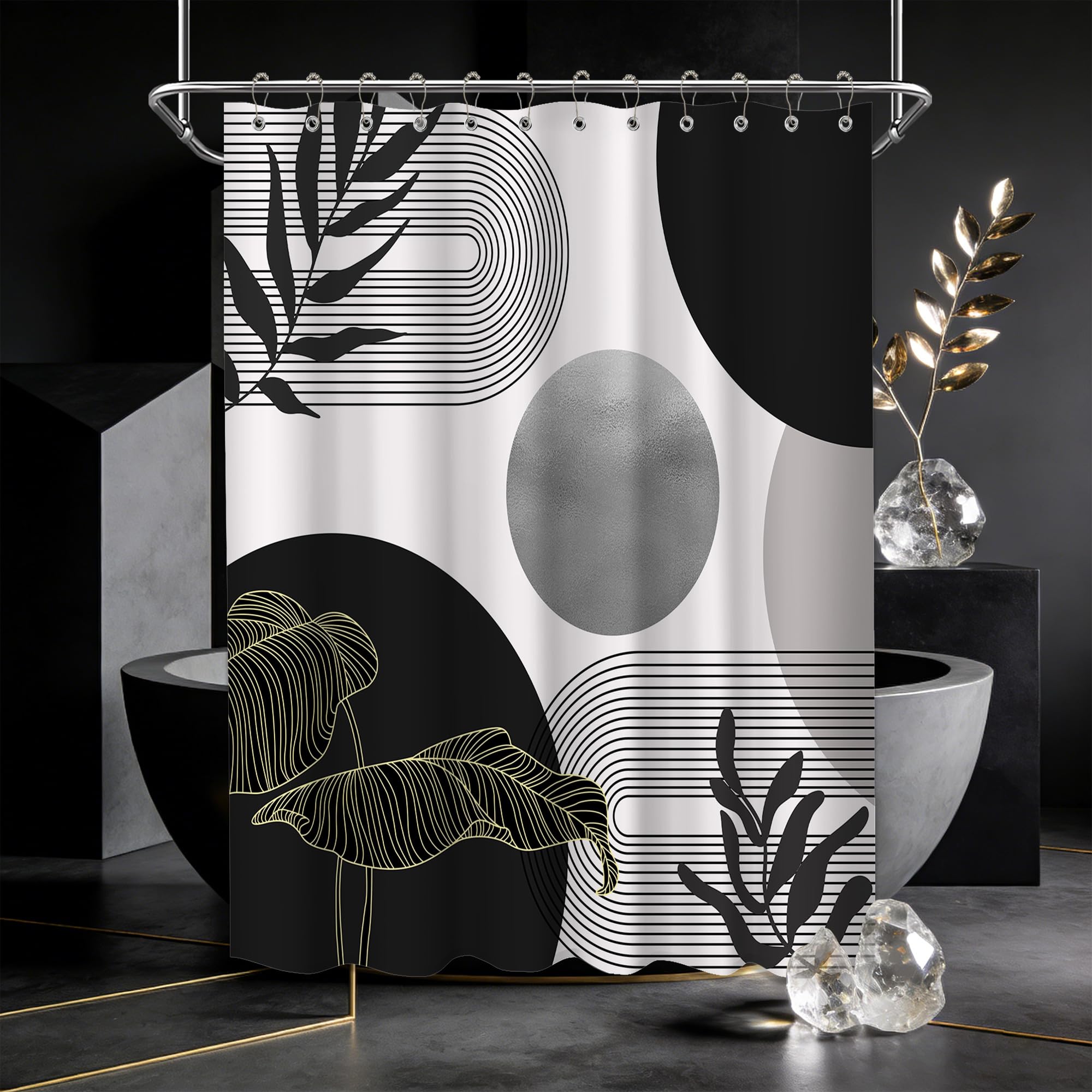 Keeuy Black And Grey Shower Curtain Mid Century Modern Black White Gray Shower Curtains For Bathroom Decor Boho Mcm Mens Cool Ba