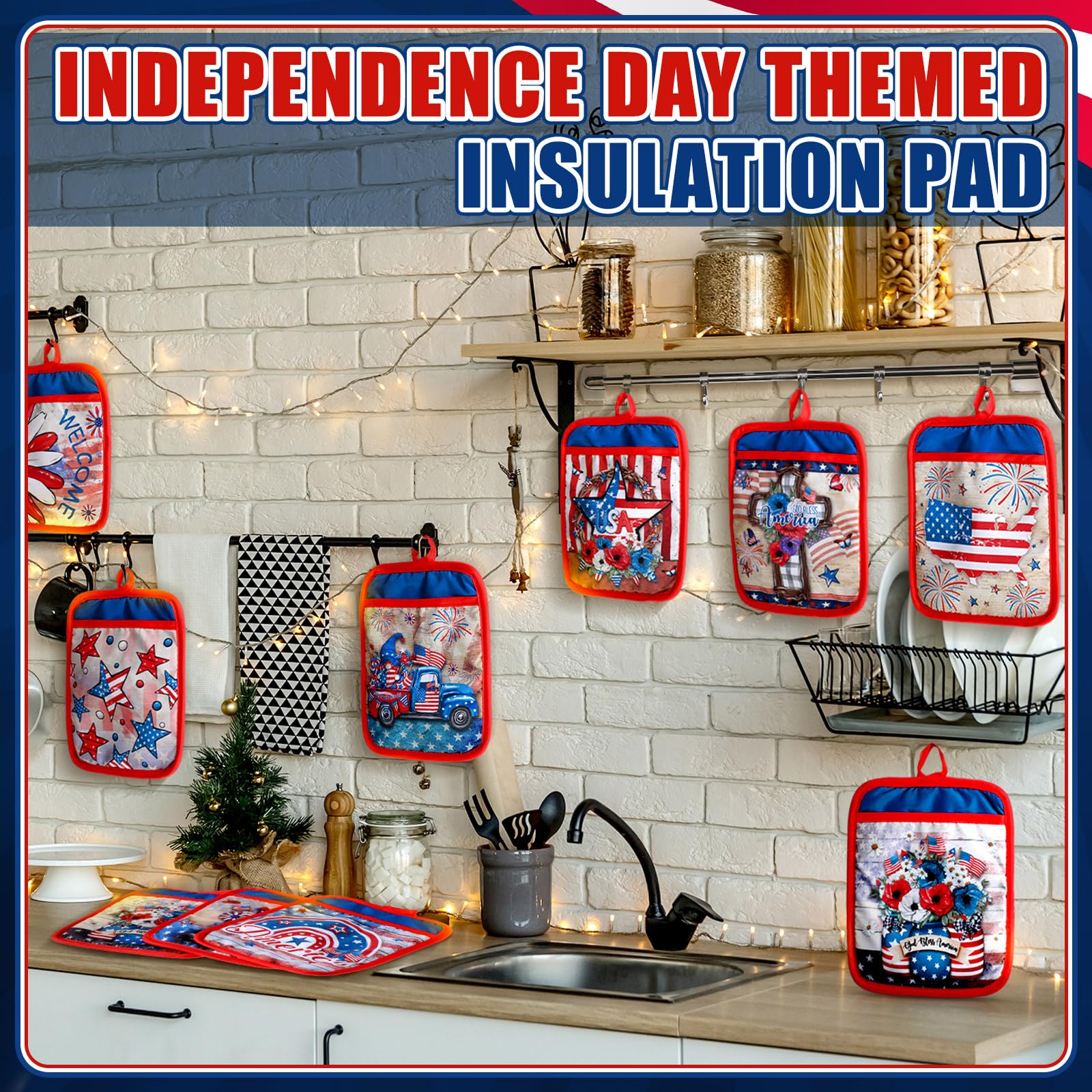 Jingmore 12 Pcs Veterans Day Pot Holders with Pocket Patriotic Pot Holders Bulk for Kitchen American Flag Stars Hot Pads and Ove