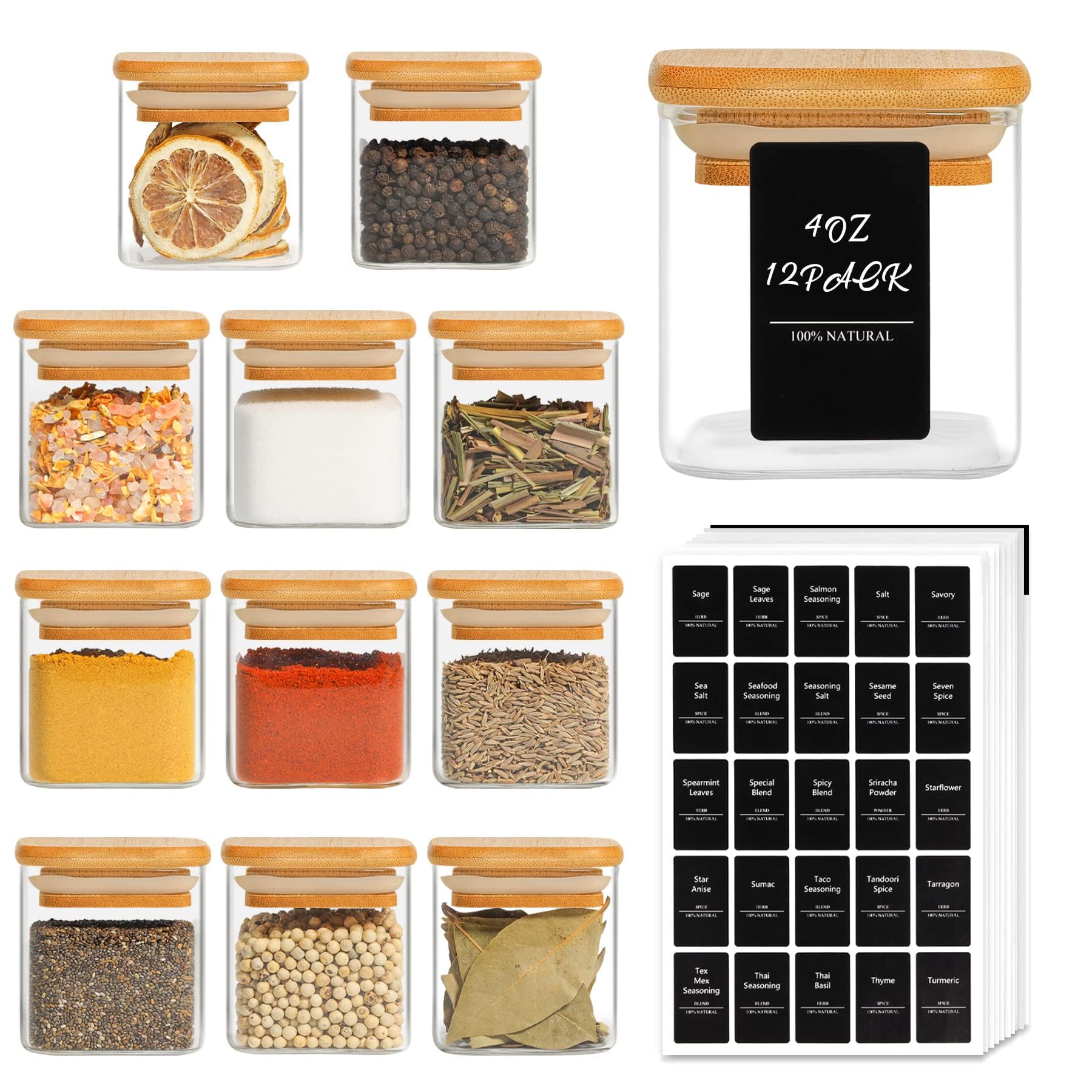 Comsaf 12Pcs Glass Spice Jars With Bamboo Lid, 4Oz Airtight Square Spice Containers With 275 Black Lables, Empty Seasoning Jars