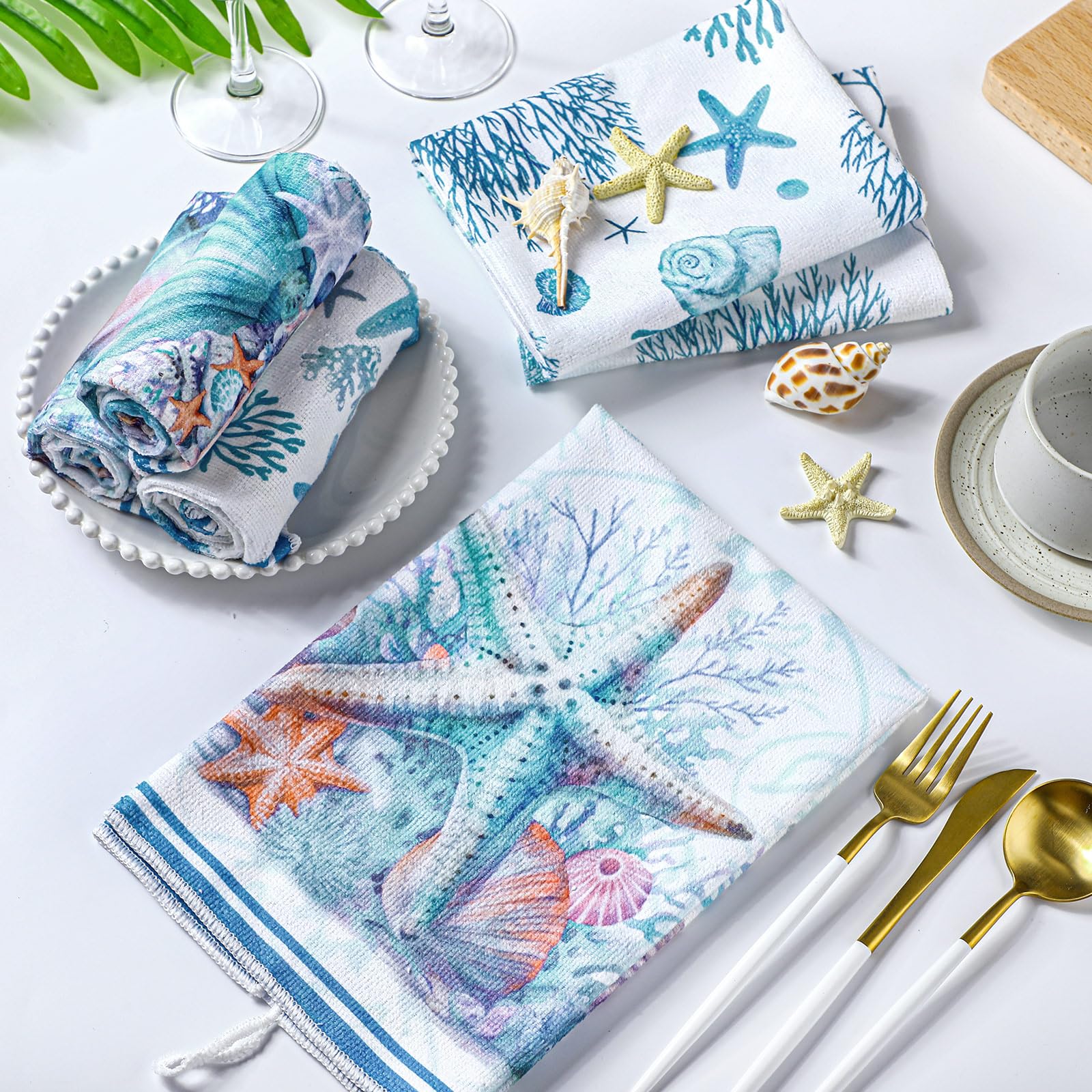 Boyiee Set of 6 Beach Kitchen Towels, Ocean Color, 24x16 Inches, Absorbent Microfiber, Nautical Shell & Starfish Design