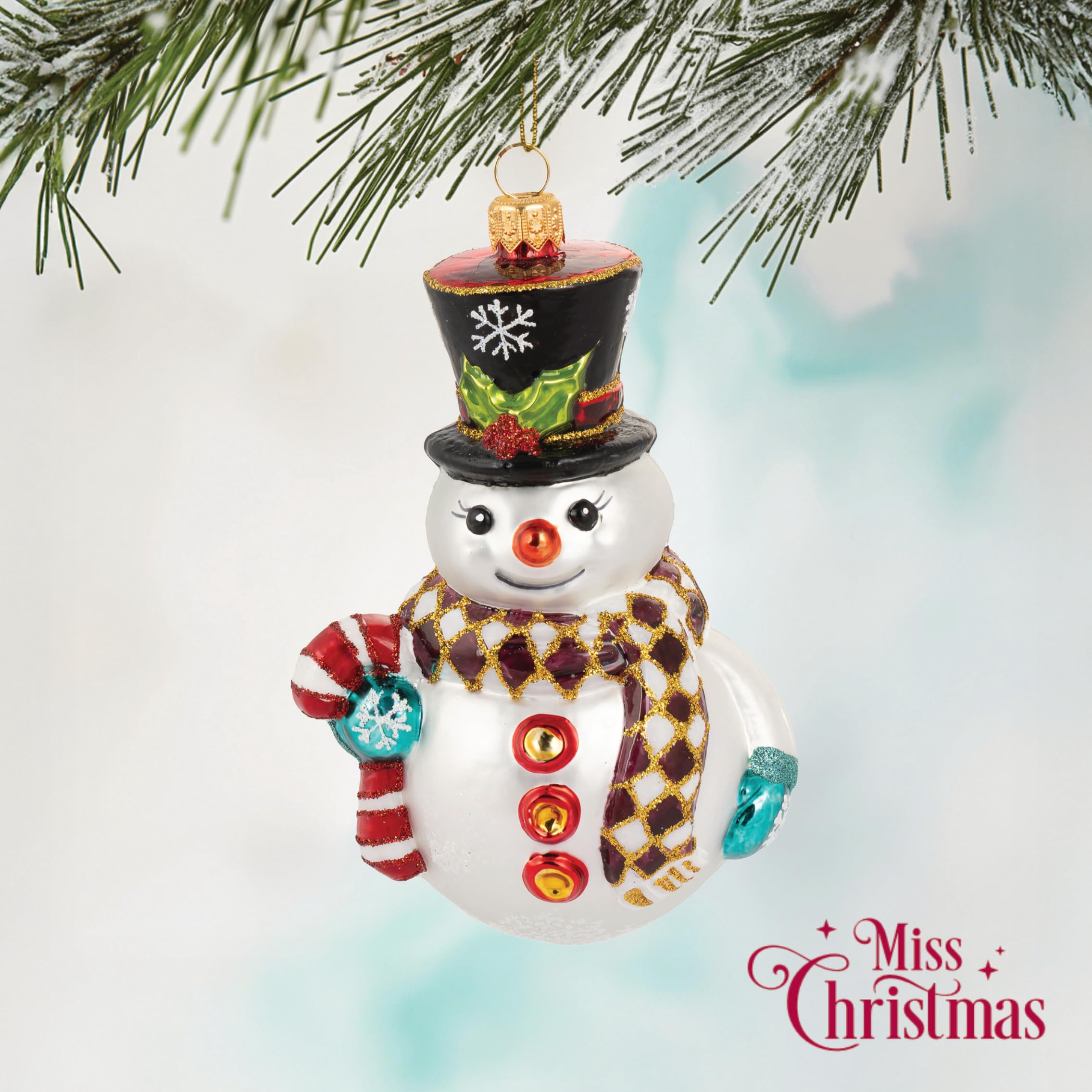 Miss Christmas 2025 Collection Fancy Snowman Blown Glass Christmas Tree Ornament (Merry Mister Frosty)