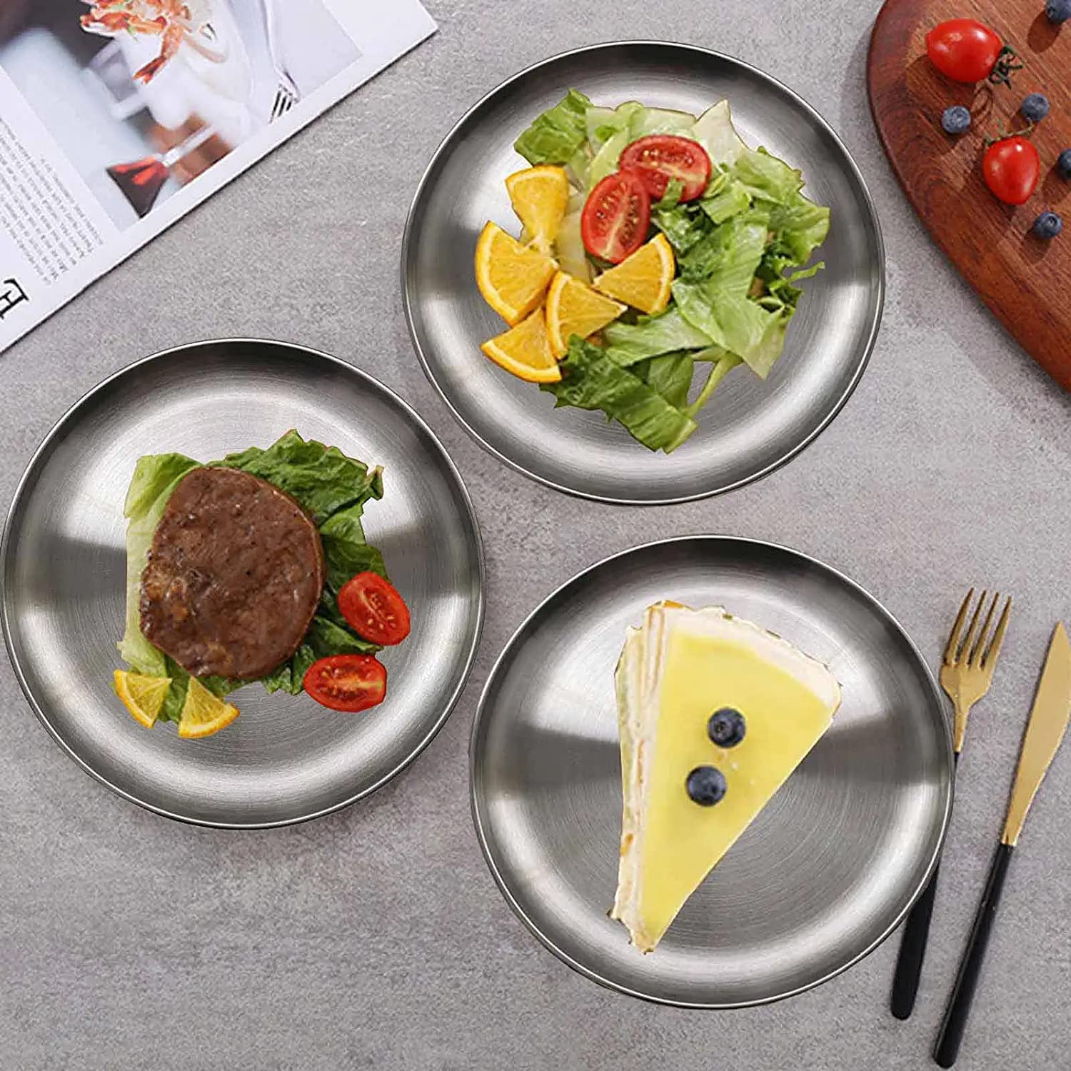 Jxhapy Reusable Brushed Metal Dinner Plates-Stainless Steel Round Plates,Dinner Plate Dish Heavy Duty Kitchenware Round Metal Pl