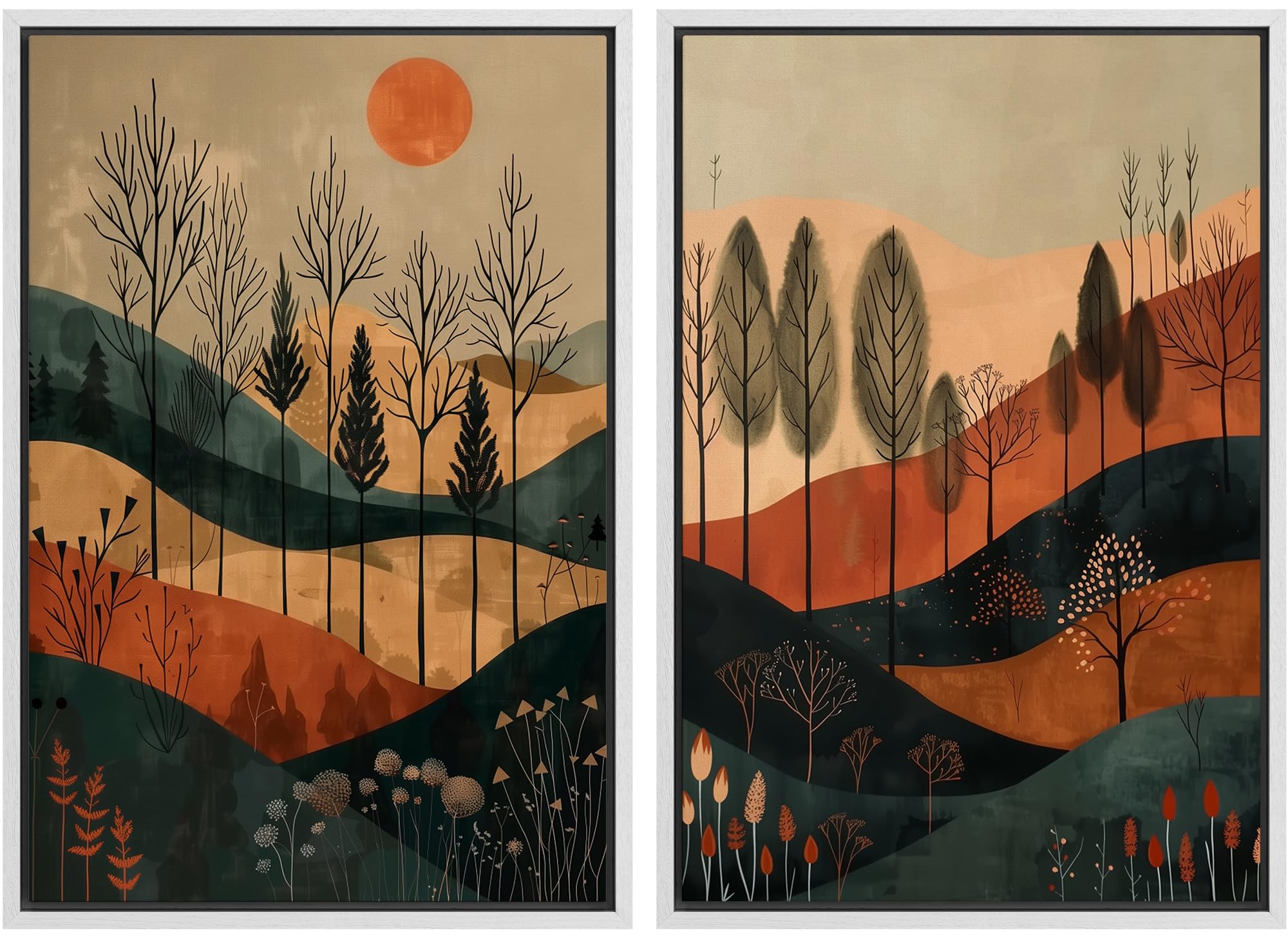 Signford Framed Canvas Print Wall Art Set Sunset Canopy Trees And Hills In Autumnal Shades Illustration Modern Art Decorative No