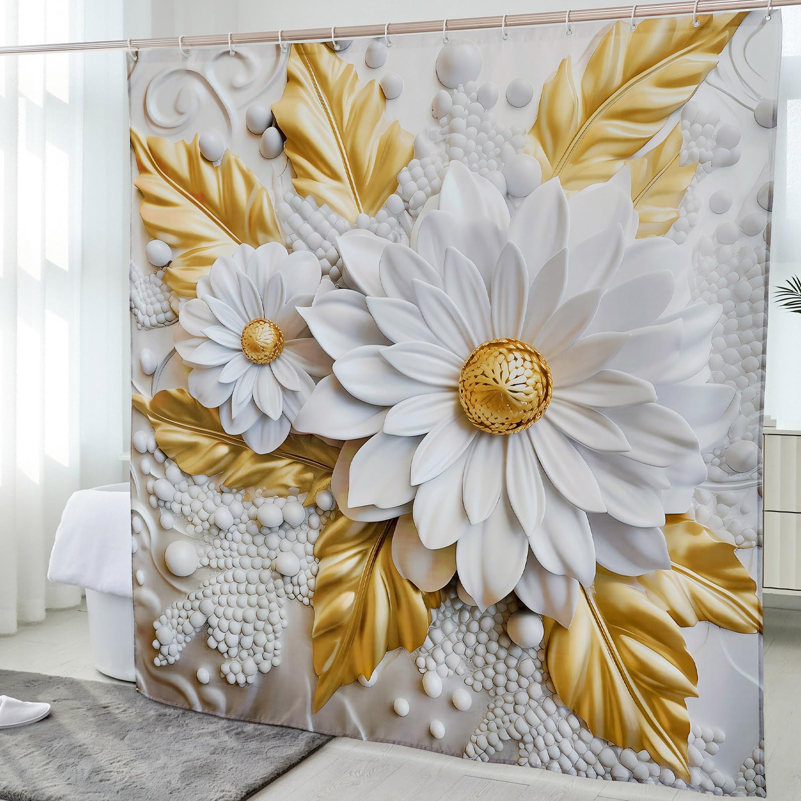 Macofe Luxurious Golden Floral Shower Curtain, Beige Tone With White Flower Pearlescent Fabric Bathroom Decor, Waterproof & Wash