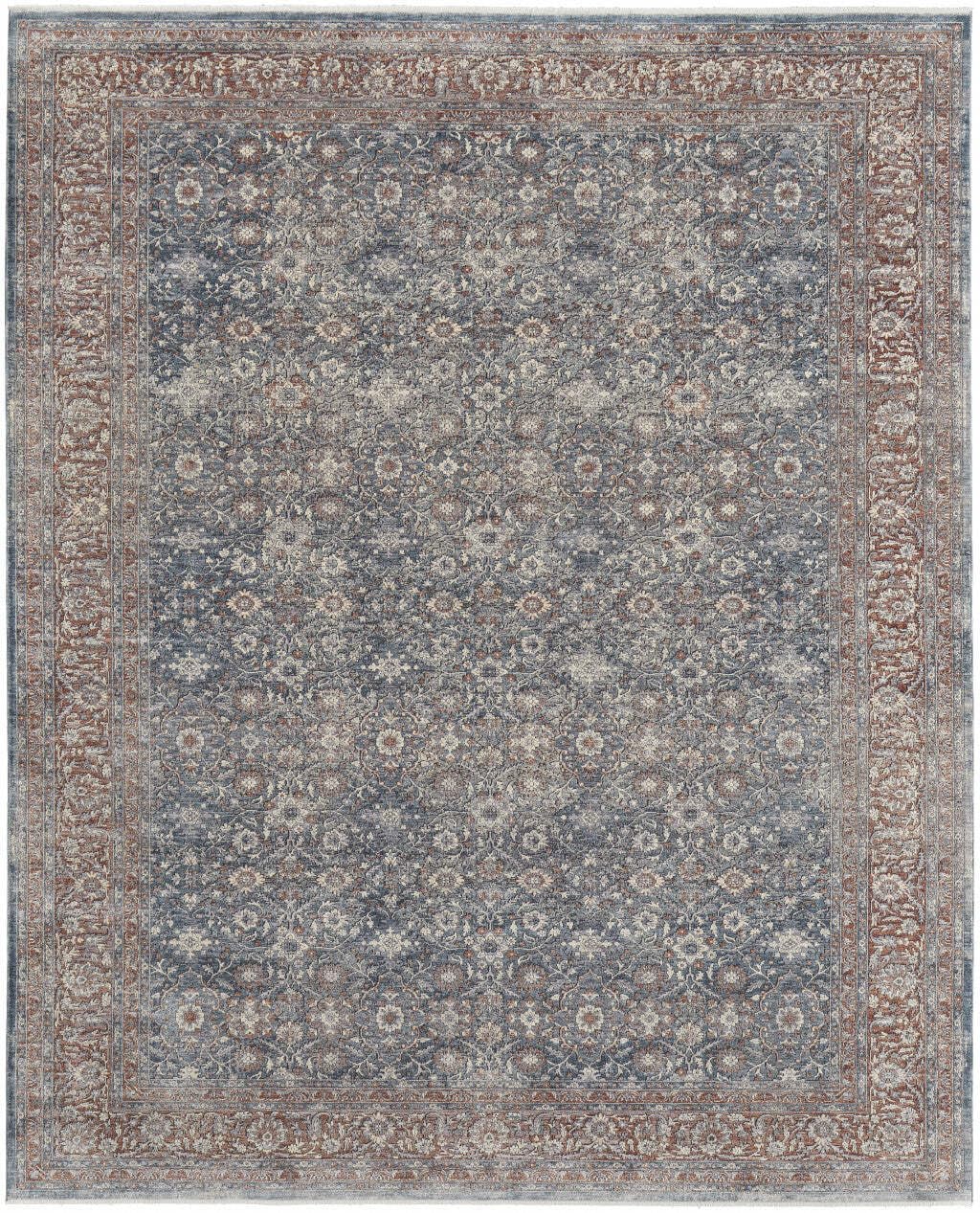 5 X 7 Blue And Red Floral Power Loom Stain Resistant Area Rug