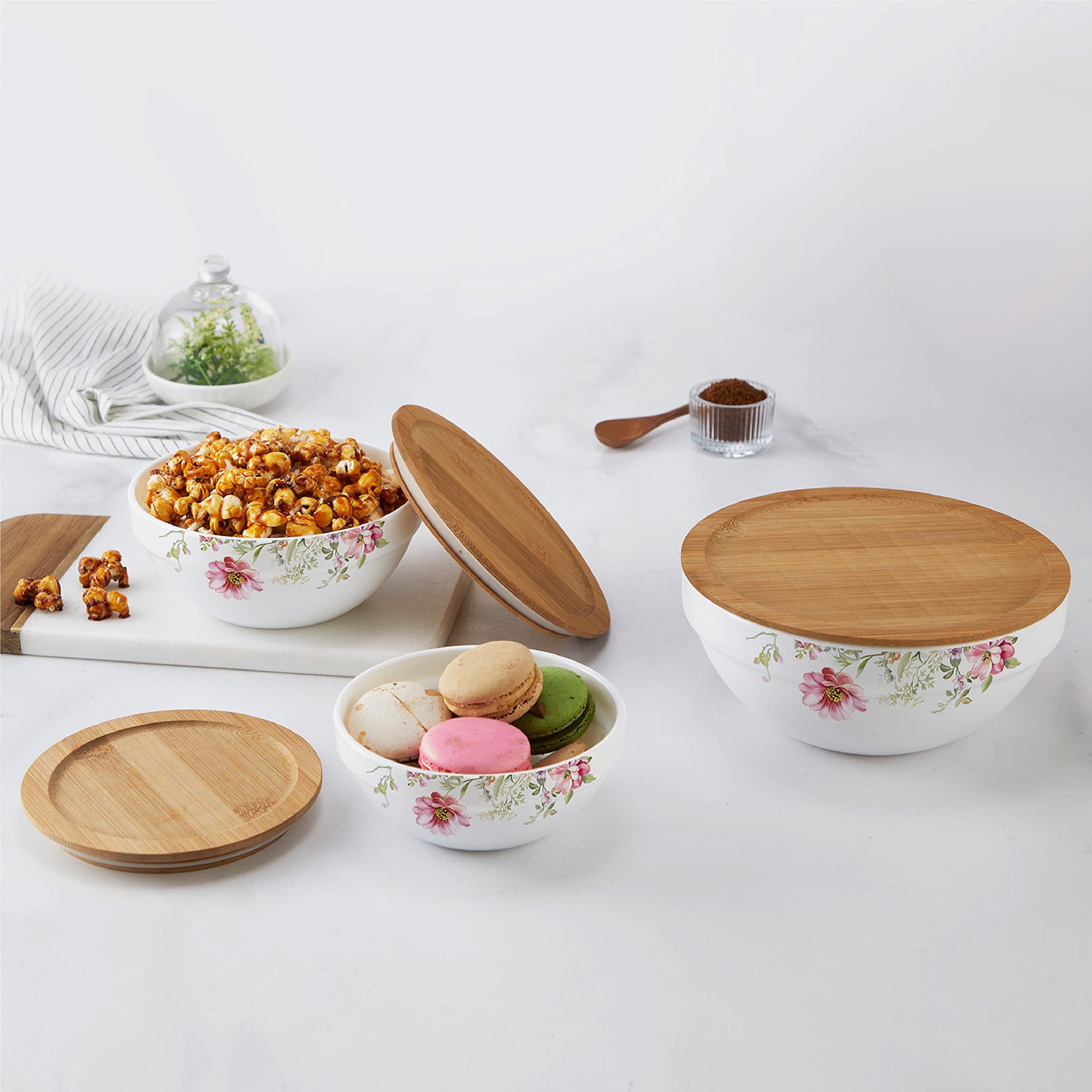 Cello Opalware Royale Mixing Bowl Set With Bamboo Lid - Cascade 500Ml, 1000Ml, 1500Ml, White, 3 Units