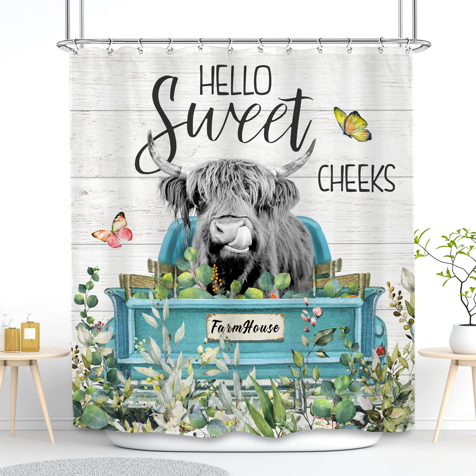 Svbright Highland Cow Shower Curtain 60Wx72L Inch Eucalyptus Funny Spring Cattle Bull Western Animal Truck Rustic Woodnature Far