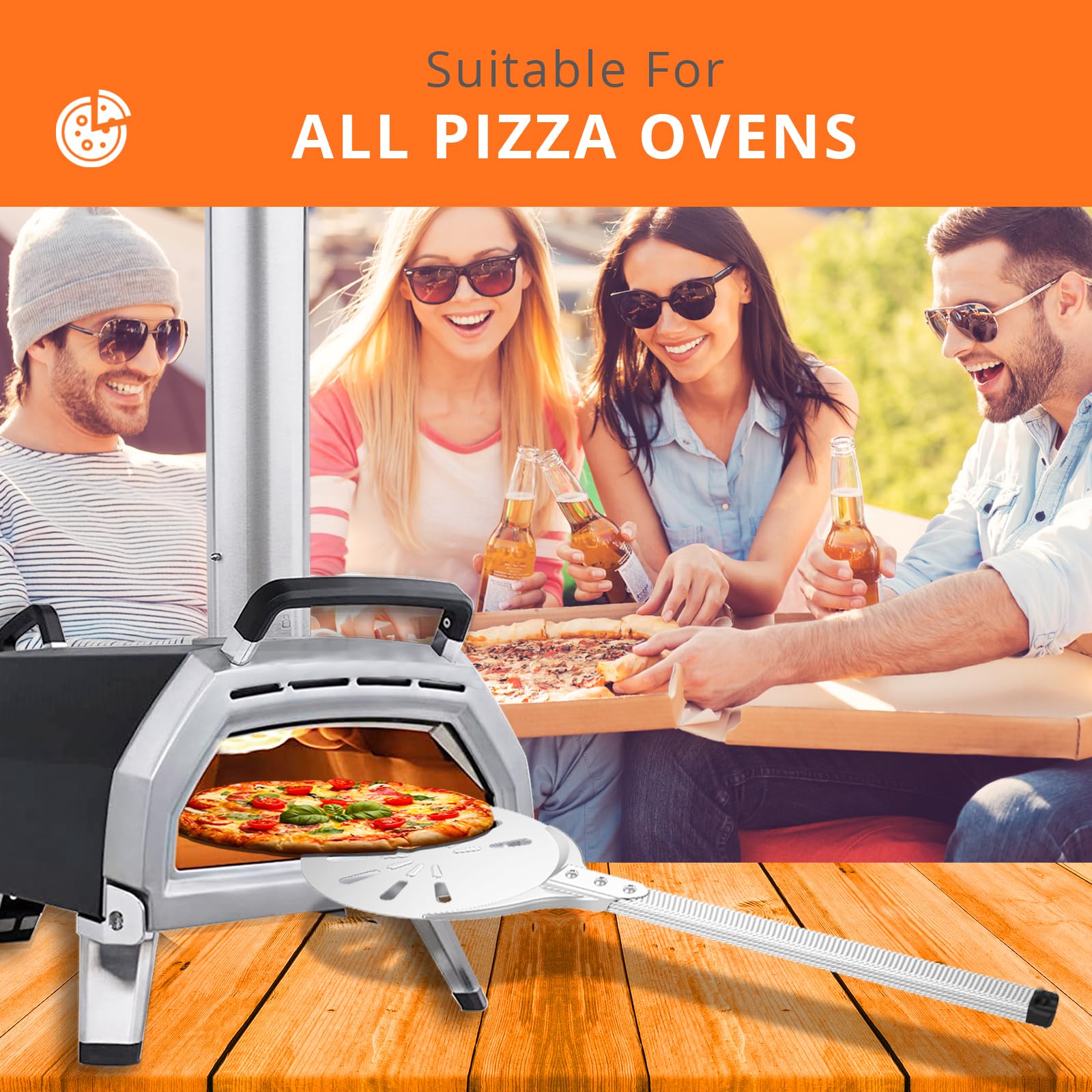 Pizza Turning Peel, 8-Inch Pizza Peel Turner Spinner, Long Handle Perforated Aluminum Pizza Peel With Silicone Hook, Pizza Oven