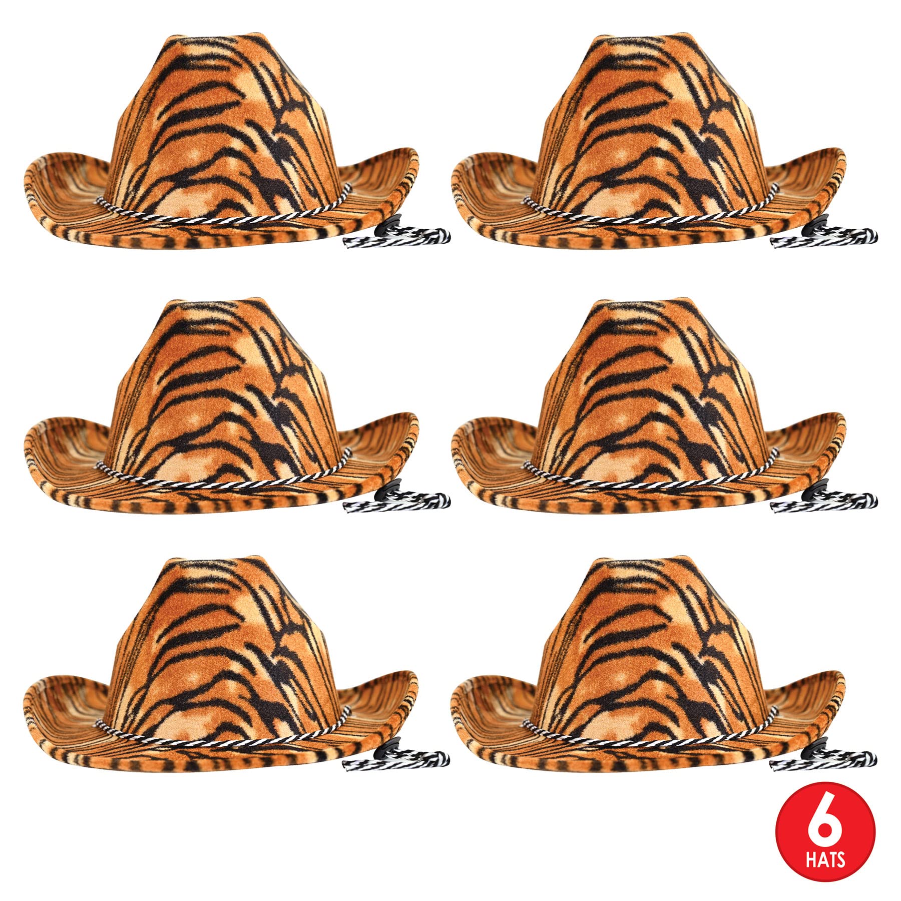 Beistle Tiger Print Cowboy Hats, 6 Pieces - One Size Fits Most, Adjustable Chin Strap, Safari Party Supplies, Halloween Costume