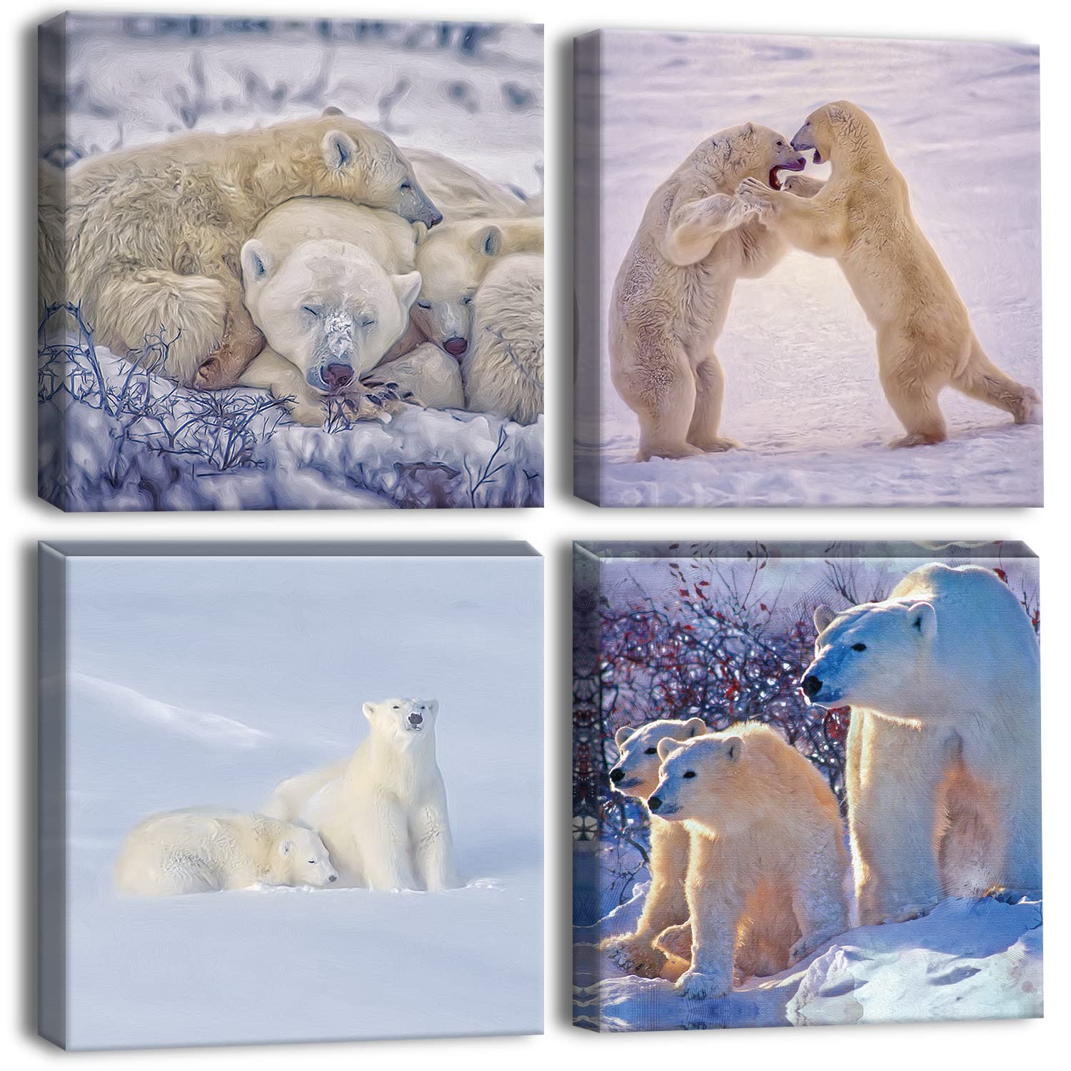 Otostar 4 Pieces Wall Art Canvas Prints - Polar Bear Family Picture Painting - Modern Wall Artwork Framed For Gifts Bathroom Hom