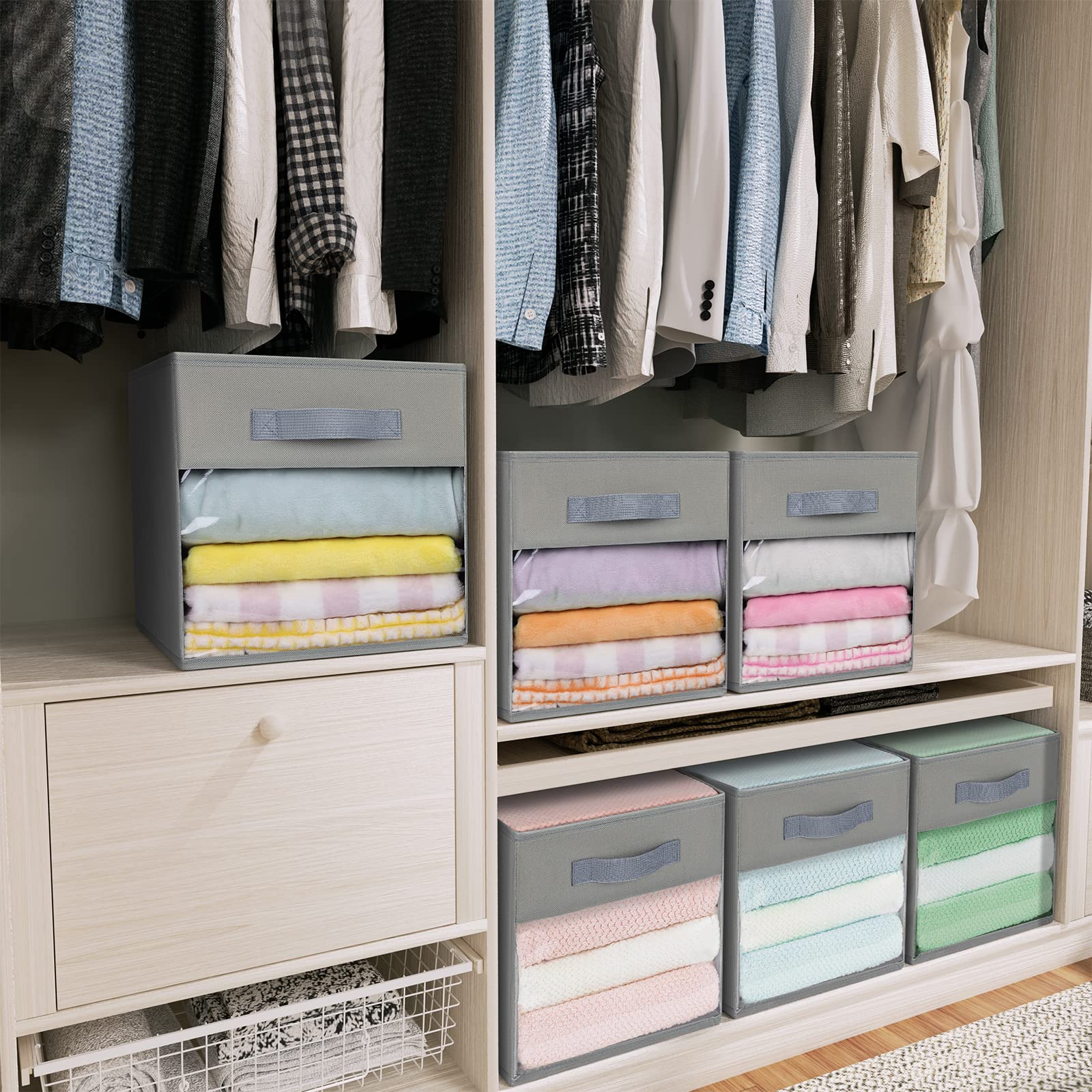 DIMJ Storage Cubes  12 Inch Cube Storage Bins with Window  Fabric Organizer Bins with Handle  Storage Baskets for Shelves  Storage Box for Clothes  Toys  Books (6 Packs  Grey)