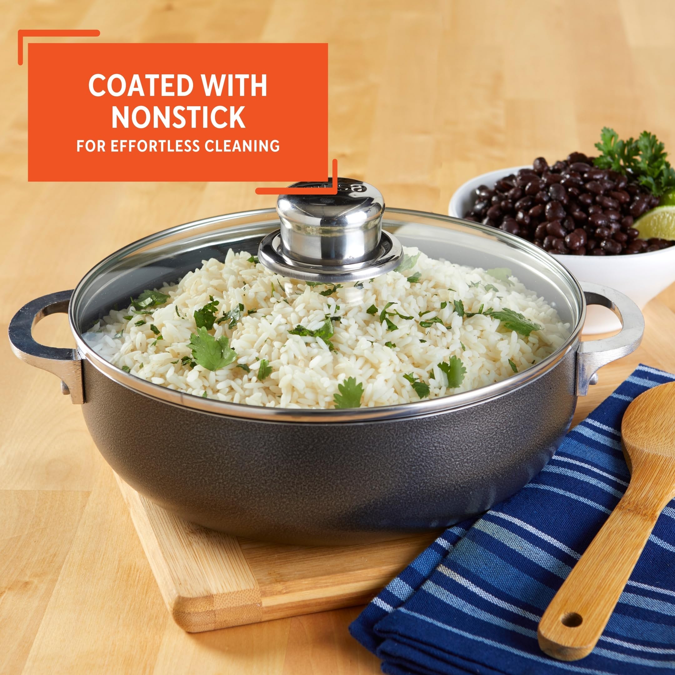 Imusa 6.9Qt Charcoal Aluminum Nonstick Caldero With Glass Lid, Black