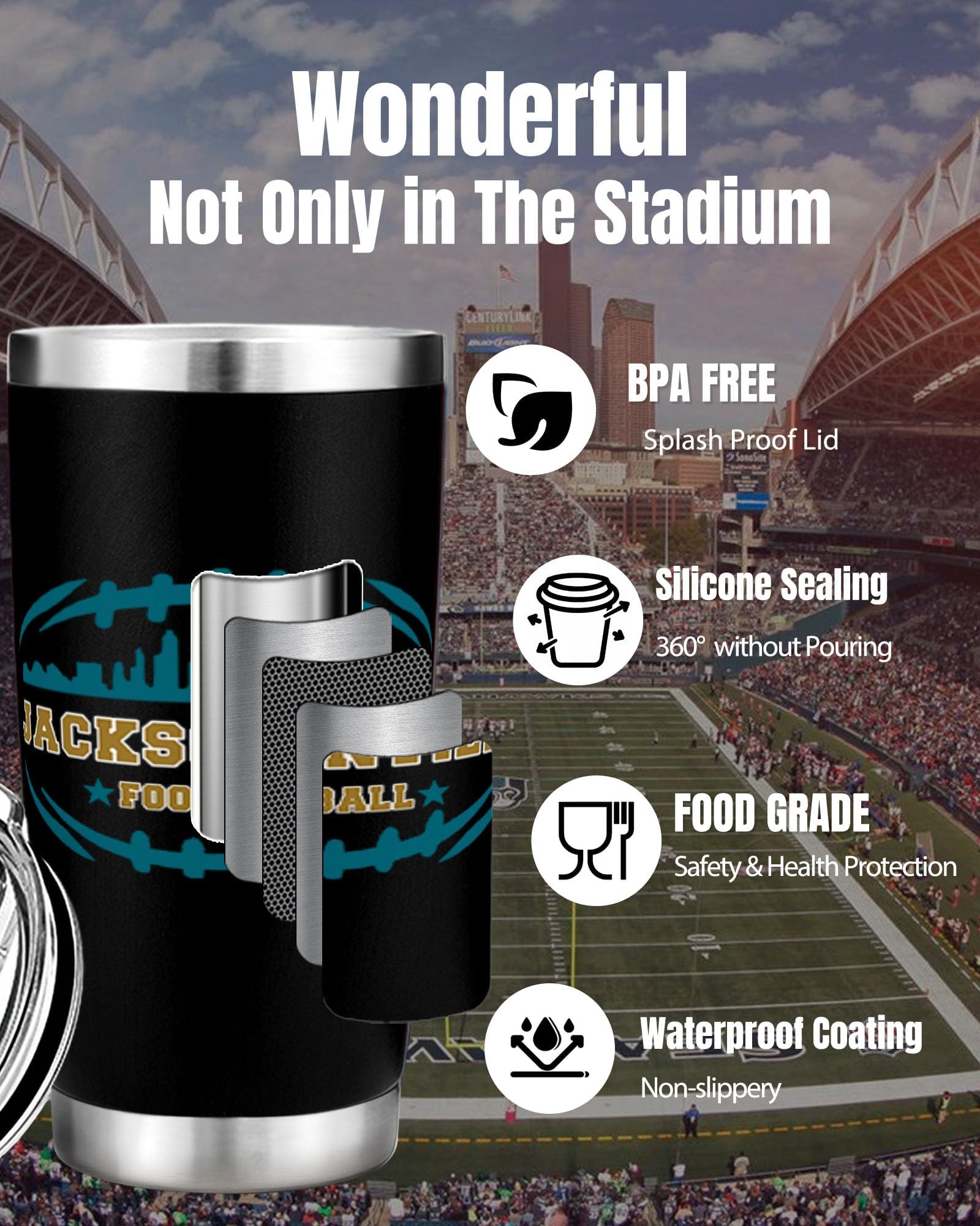 Football Fan 20 Oz Insulated Travel Coffee Cup Mug Tumbler with Lid Jacksonville Themed Merch Shop Men Women Sport Stuff Gear Ap