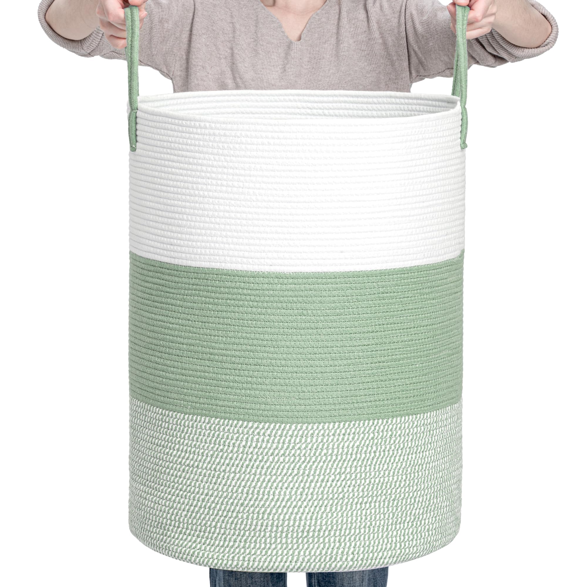 Clhmily&Z 100L Laundry Basket Round Storage Rope Basket - 18.1X24 Inches - Green Hamper In Bedreoom And Cute Storage Bin For Bla