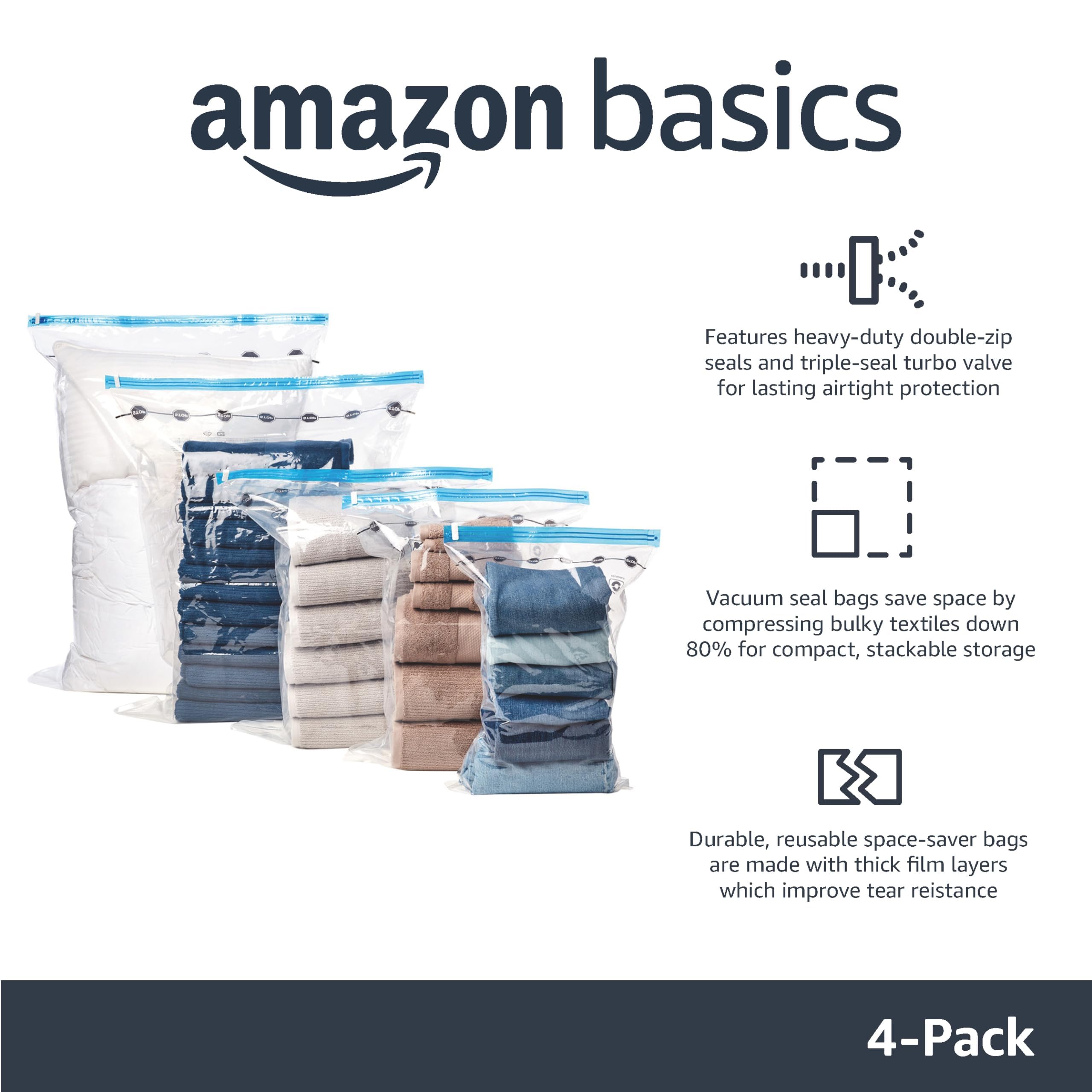 Amazon Basics Vacuum compression Storage Bags with Hand Pump  X-Jumbo - Pack of 4
