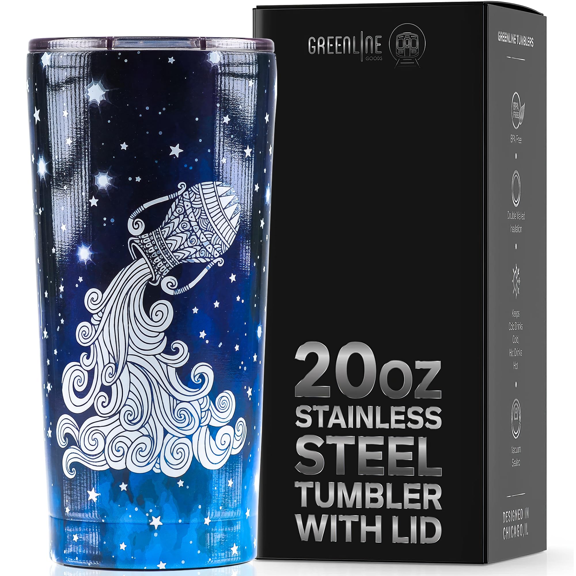Greenline Goods Zodiac Insulated Coffee Tumbler - Aquarius 20 Oz Metal Drink Cup With Slide Top Lid - Non Slip Silicone Base - A