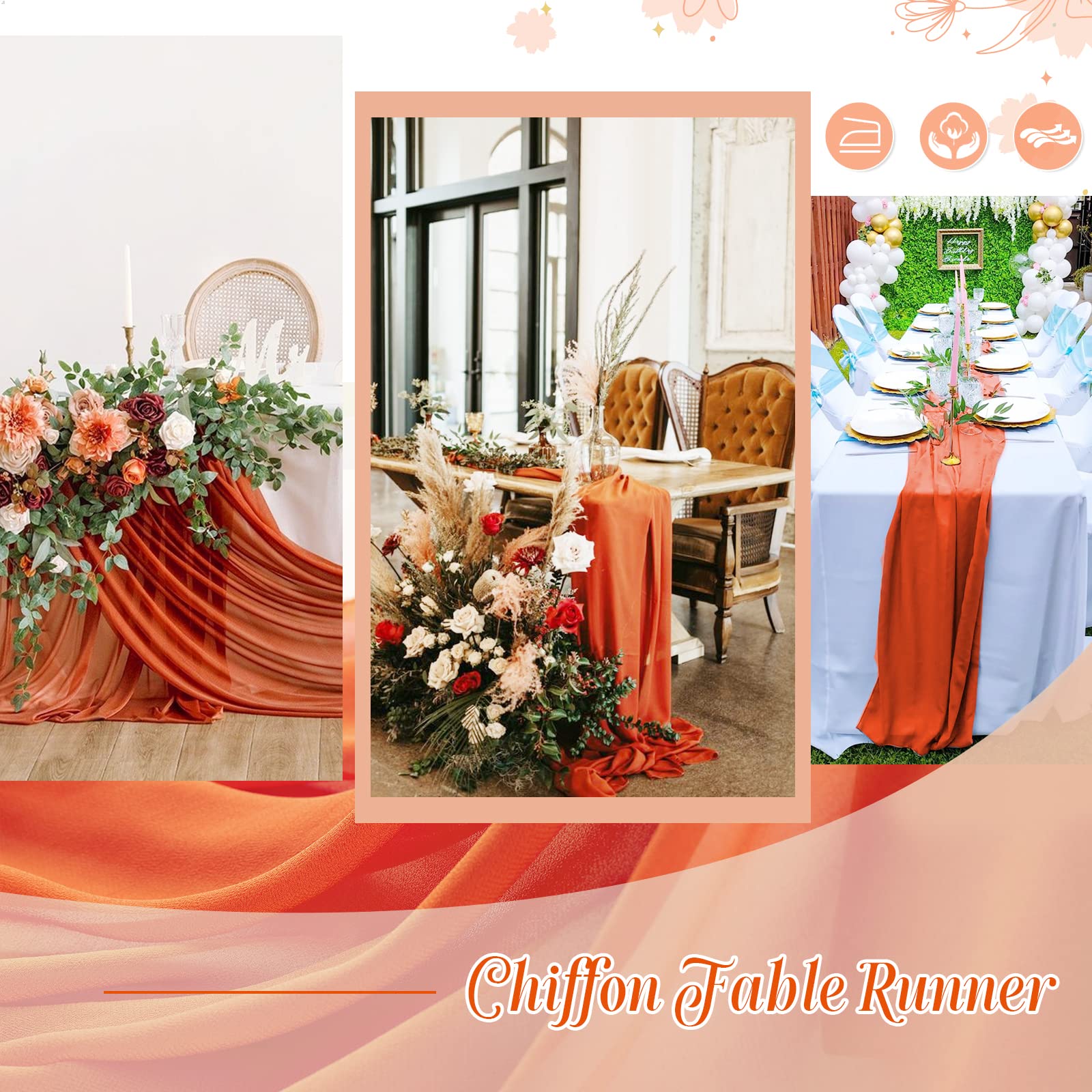 Queendream Sheer Table Runner 10Ft Rustic Burnt Orange Chiffon Linens Bridal Boho Wedding Party Table Decorations