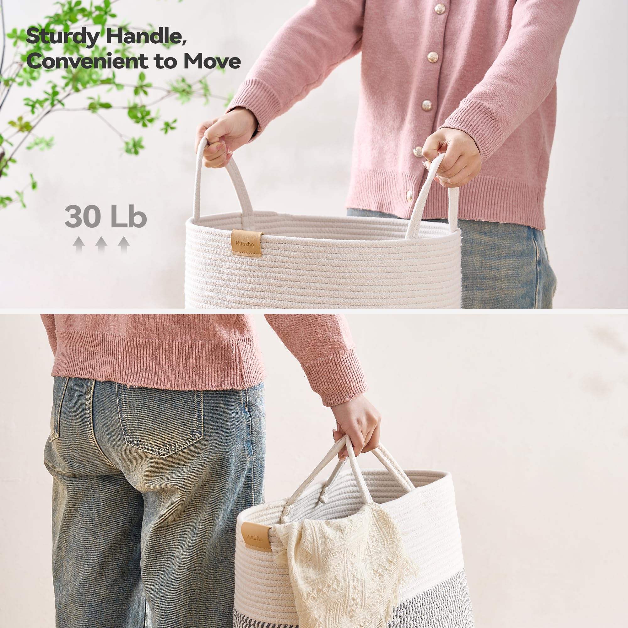 Nunsino 95L Laundry Hamper Basket,Baby Nursery Woven Storage Basket For Toys Bin,Pillows,Blankets,Clothes,Grey&White