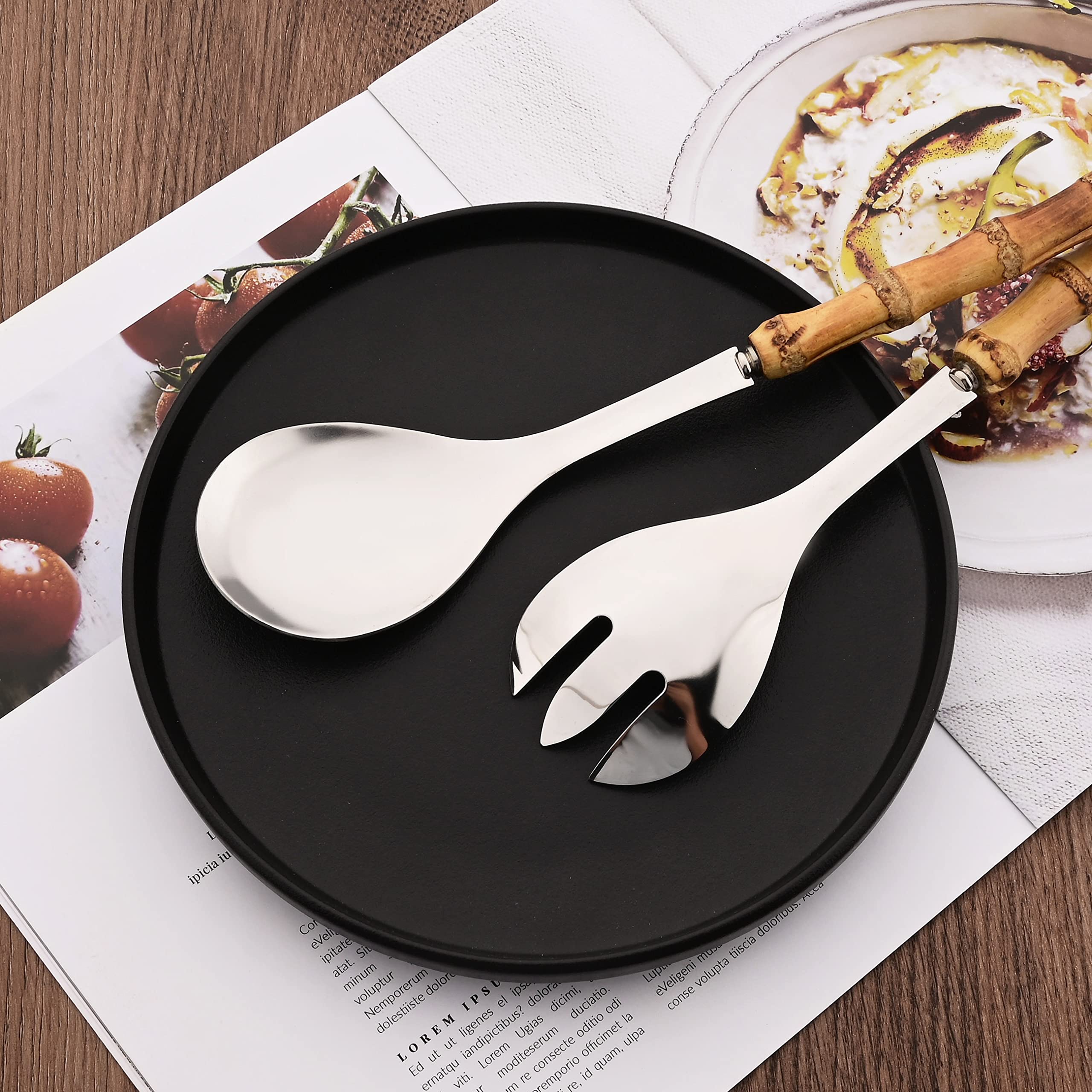 Uniturcky Serving Spoon And Fork Set, 304 Stainless Steel Serving Utensils With Natural Bamboo Handle, 10'' Long Handle Serving