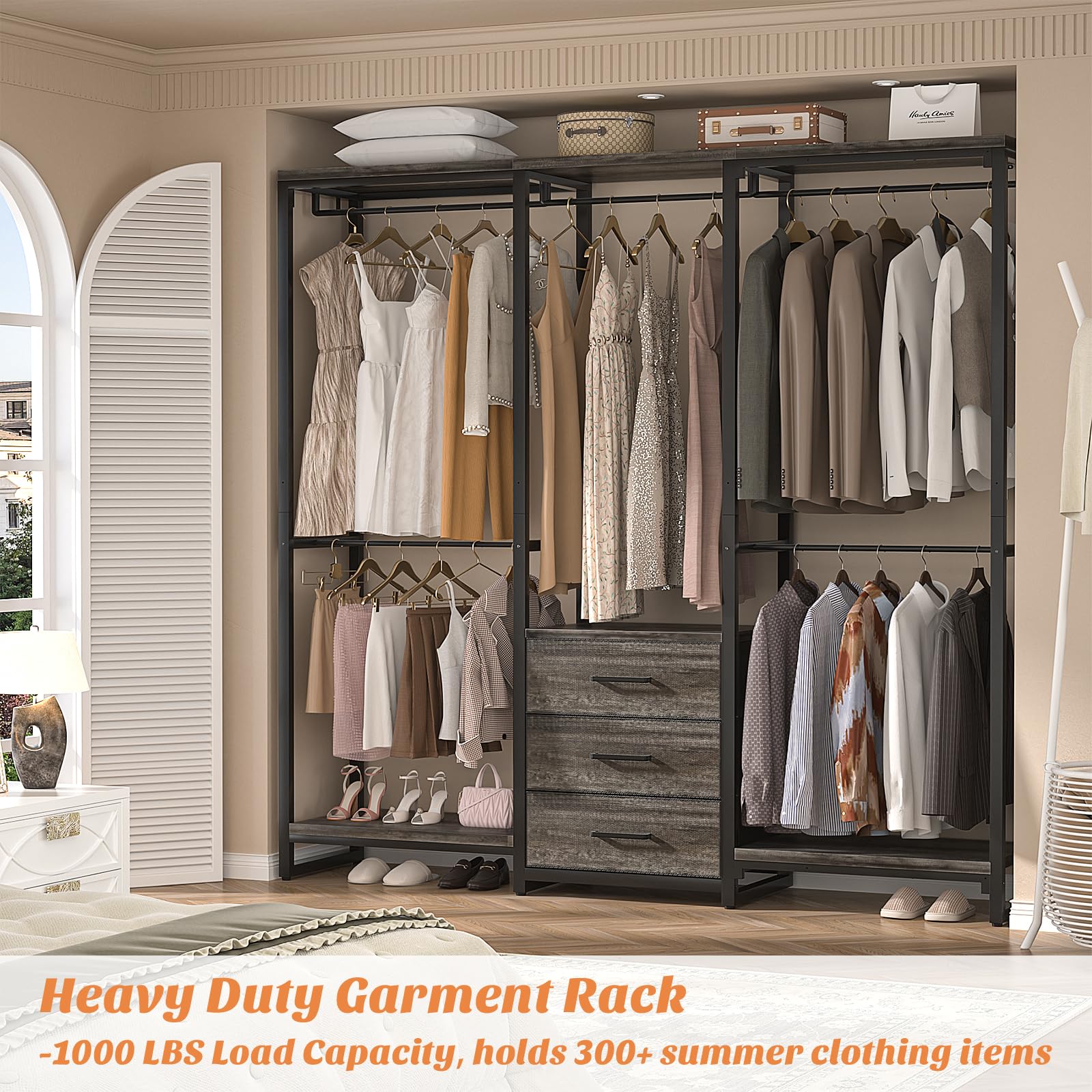 Aheaplus Garment Rack Heavy Duty Clothes Rack For Hanging Clothes,Clothing Rack With Drawers, Wood Stoarge Shelf Wardrobe Rack,
