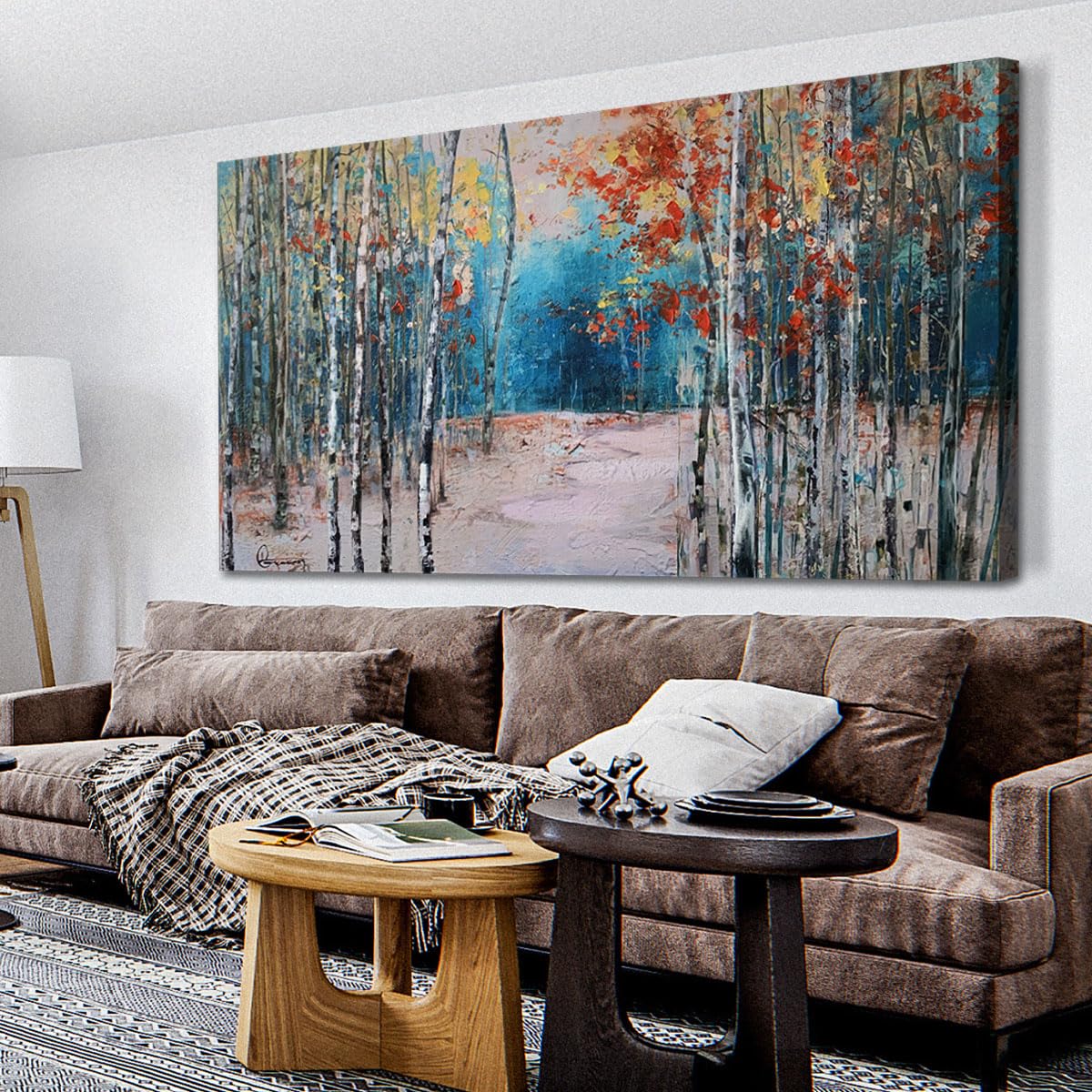 Ardemy White Birch Tree Canvas Wall Art Blue Forest Painting Landscape Picture  Teal Nature Artwork Modern Large Framed for Living Room Bedroom Bathroom Dinning Room Home Office Wall Decor 48''x24''