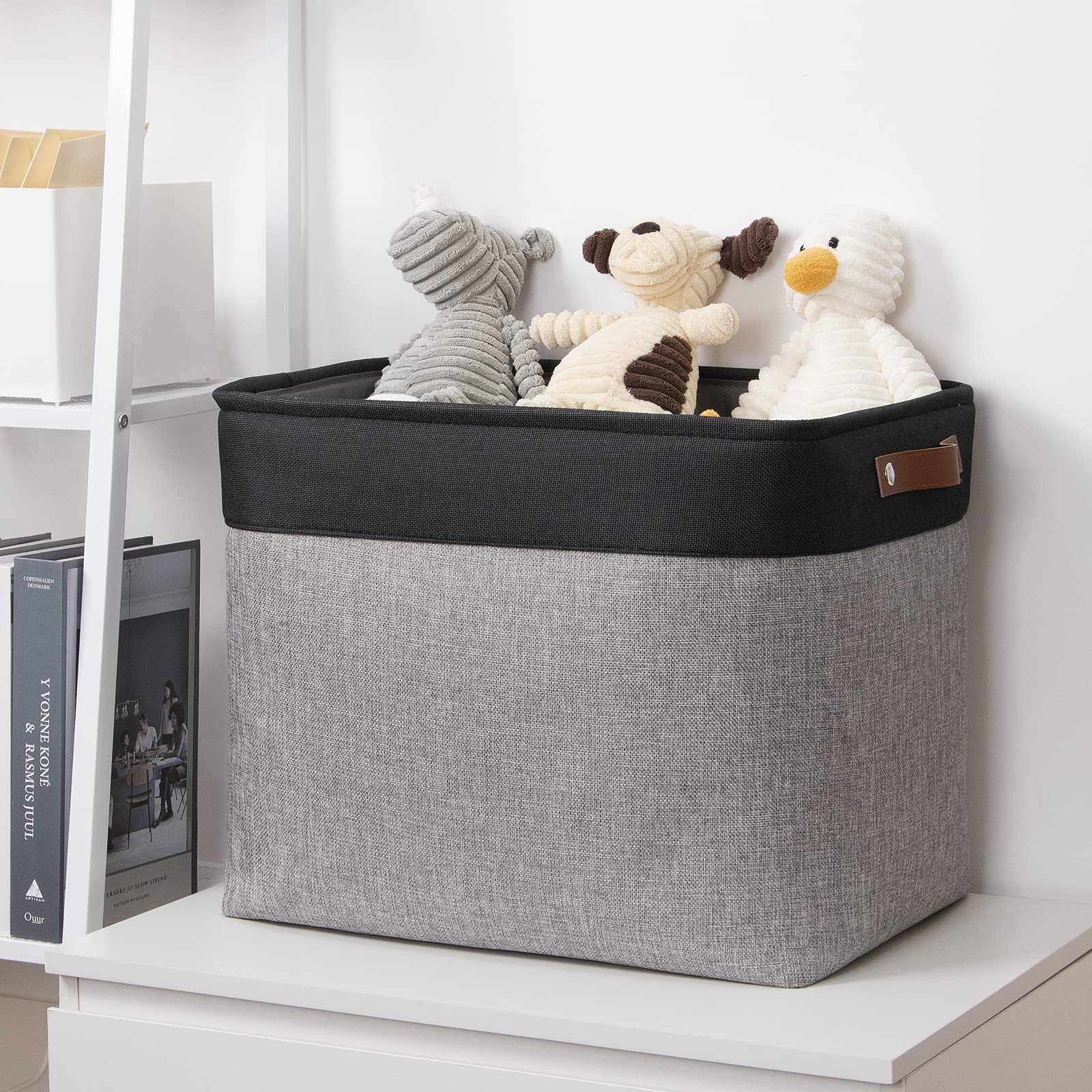 DULLEMELO Large Collapsible Storage Basket/Bin with Durable Leather Handles  Fabric Organizer Bin for Storage Clothes  Toys  Books  Office  Bedroom  Closet  Nursery & Laundry (Black&Gray)
