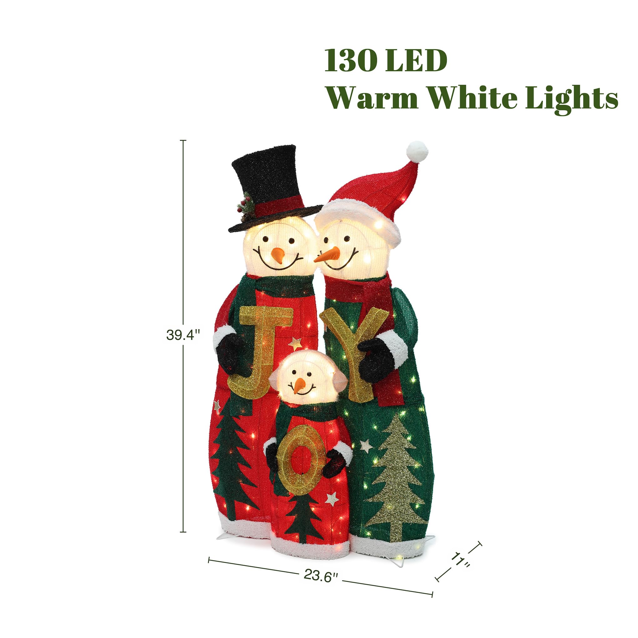 LuxenHome 3FT Lighted Snowman Family Outdoor Decoration, Prelit Joy Snowman with Hat and Scarf, Illuminated Christmas Decoration