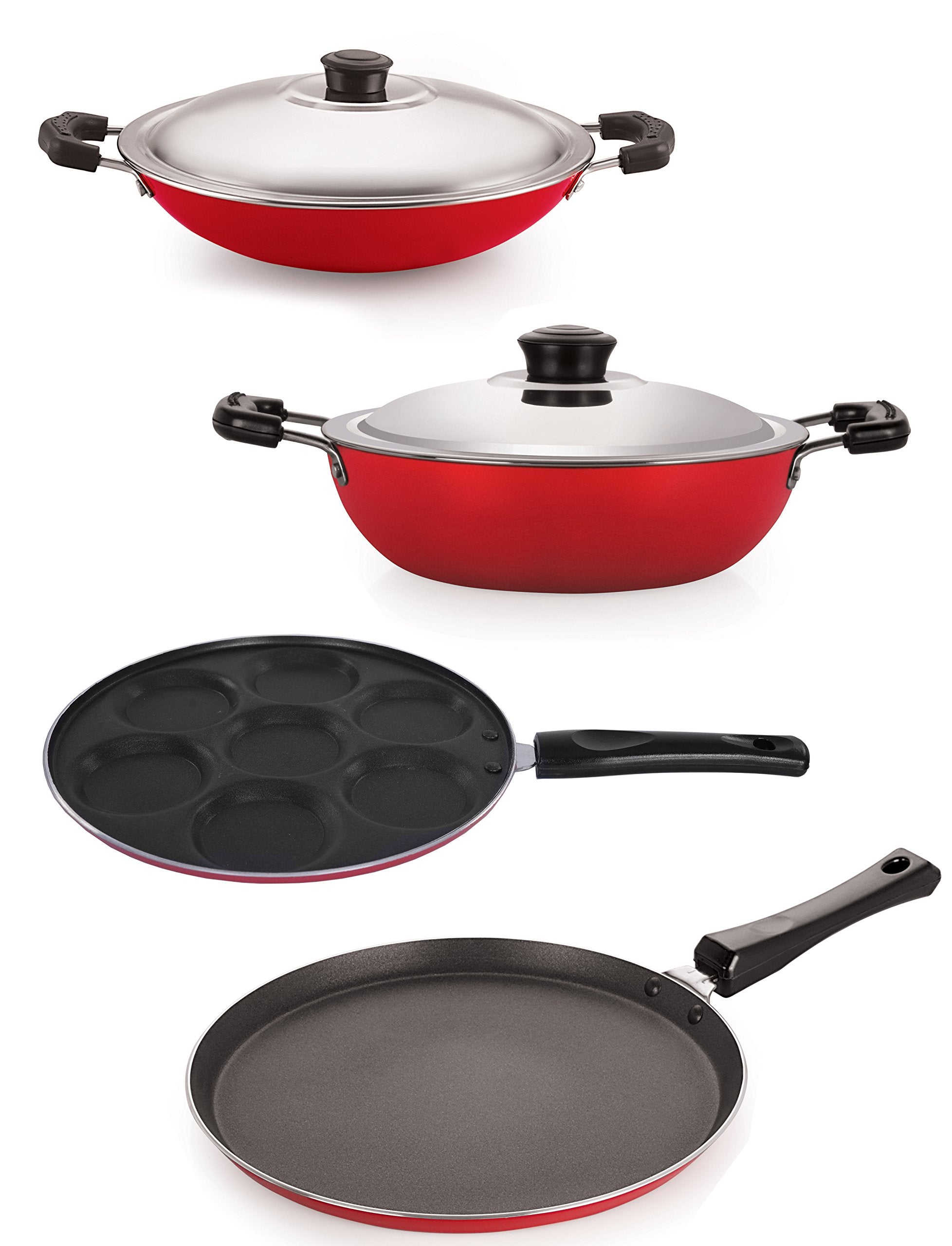 Nirlon NonStick Aluminium Cookware Set, 4Pieces, Red (26_Ft13_Dkdm_Ch_Up)