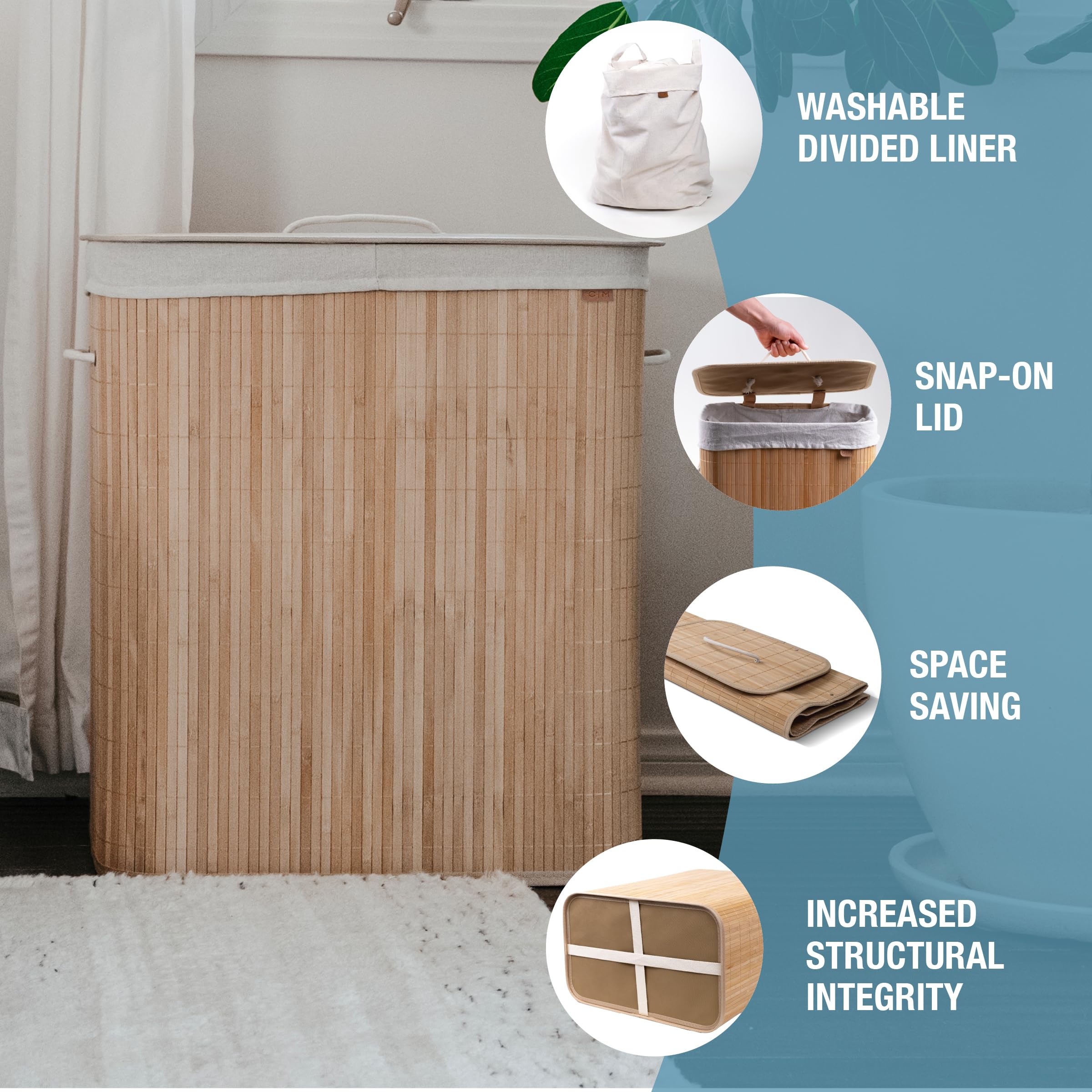 Clevermade Natural Bamboo Hamper Luxe, Double Hamper - 27 Gal (103L) Bamboo Laundry Hamper With Lid And Removable Machine Washab
