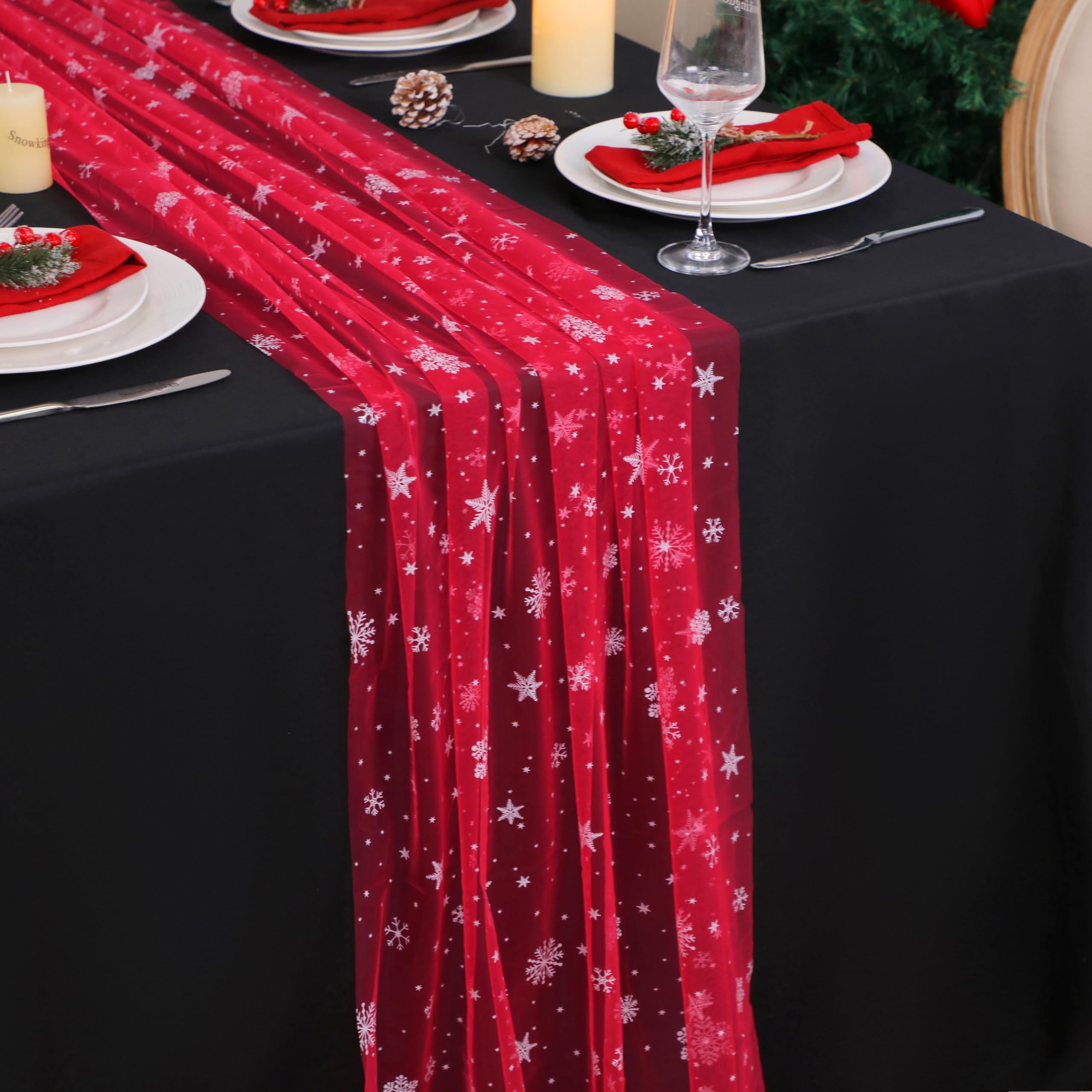 Snowkingdom Red Christmas Table Runner, Red and White Snowflakes Cheesecloth Table Runner, Chiffon Gauze Seasonal Winter Kitchen