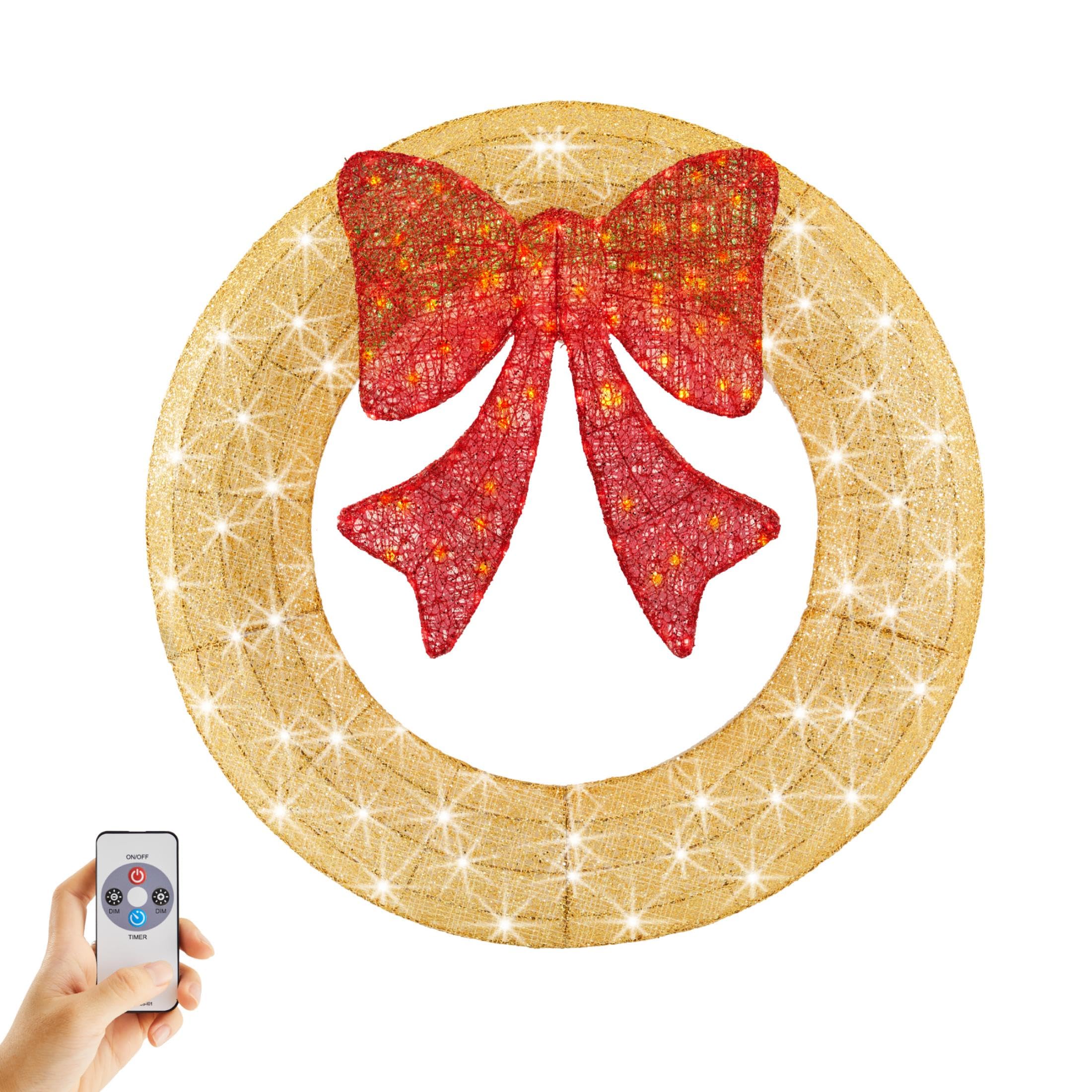 Sweetcrispy 36in Pre-Lit Christmas Wreath, LED Lighted Holiday Outdoor Decoration with Bow for Door, Mantel, Wall, Windows, Fron