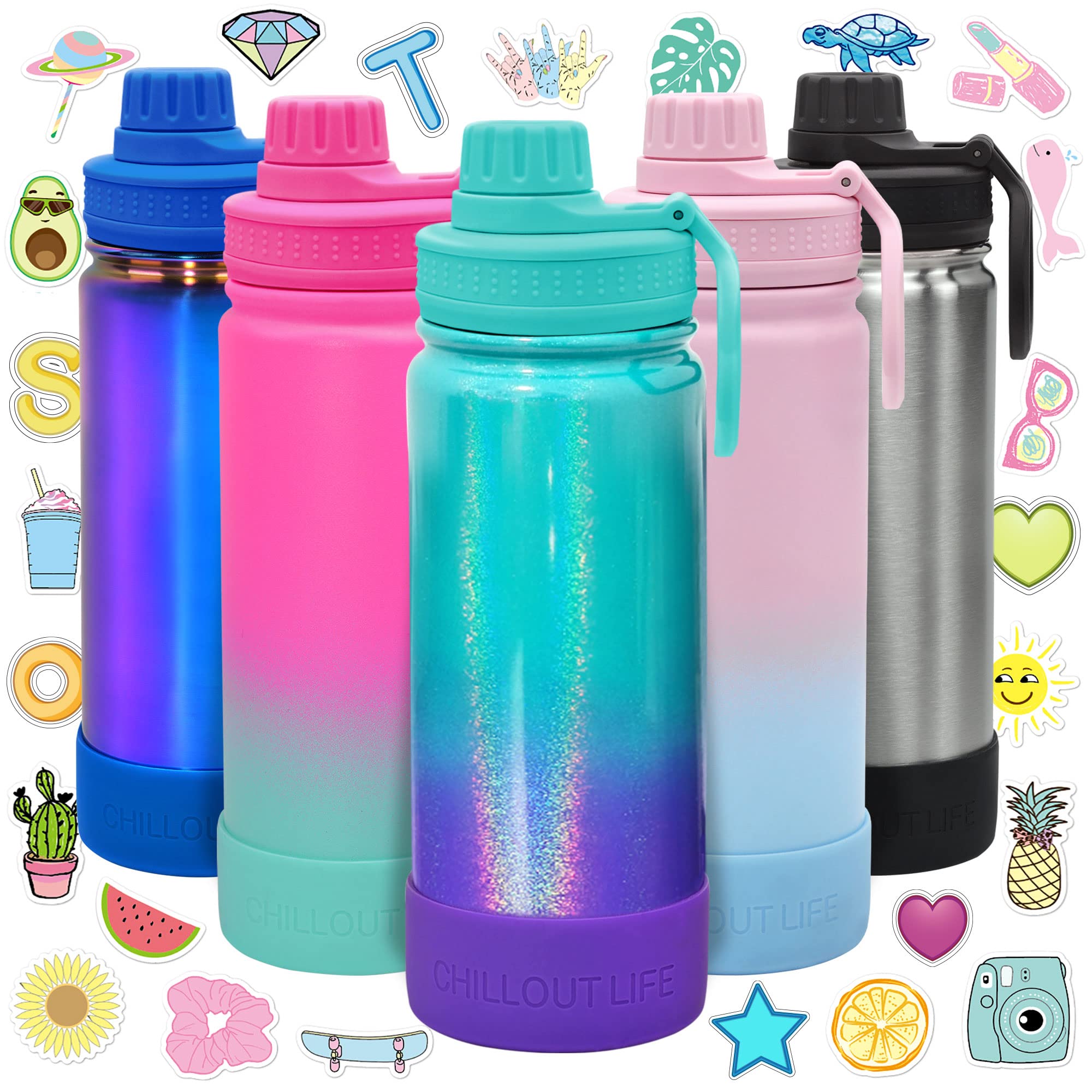 Chillout Life 17 Oz Kids Insulated Water Bottle For School With Leakproof Spout Lid And Cute Waterproof Stickers, Personalized S