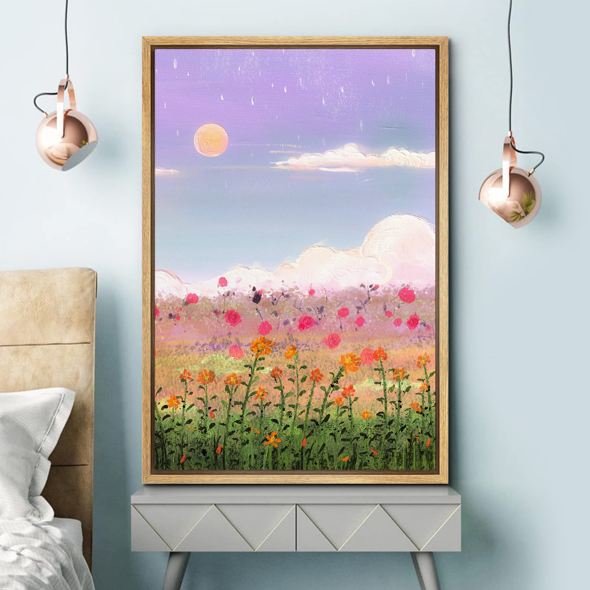 Signford Framed Canvas Print Wall Art Pastel Watercolor Flower Field Garden Paradise Nature Wilderness Illustrations Modern Art