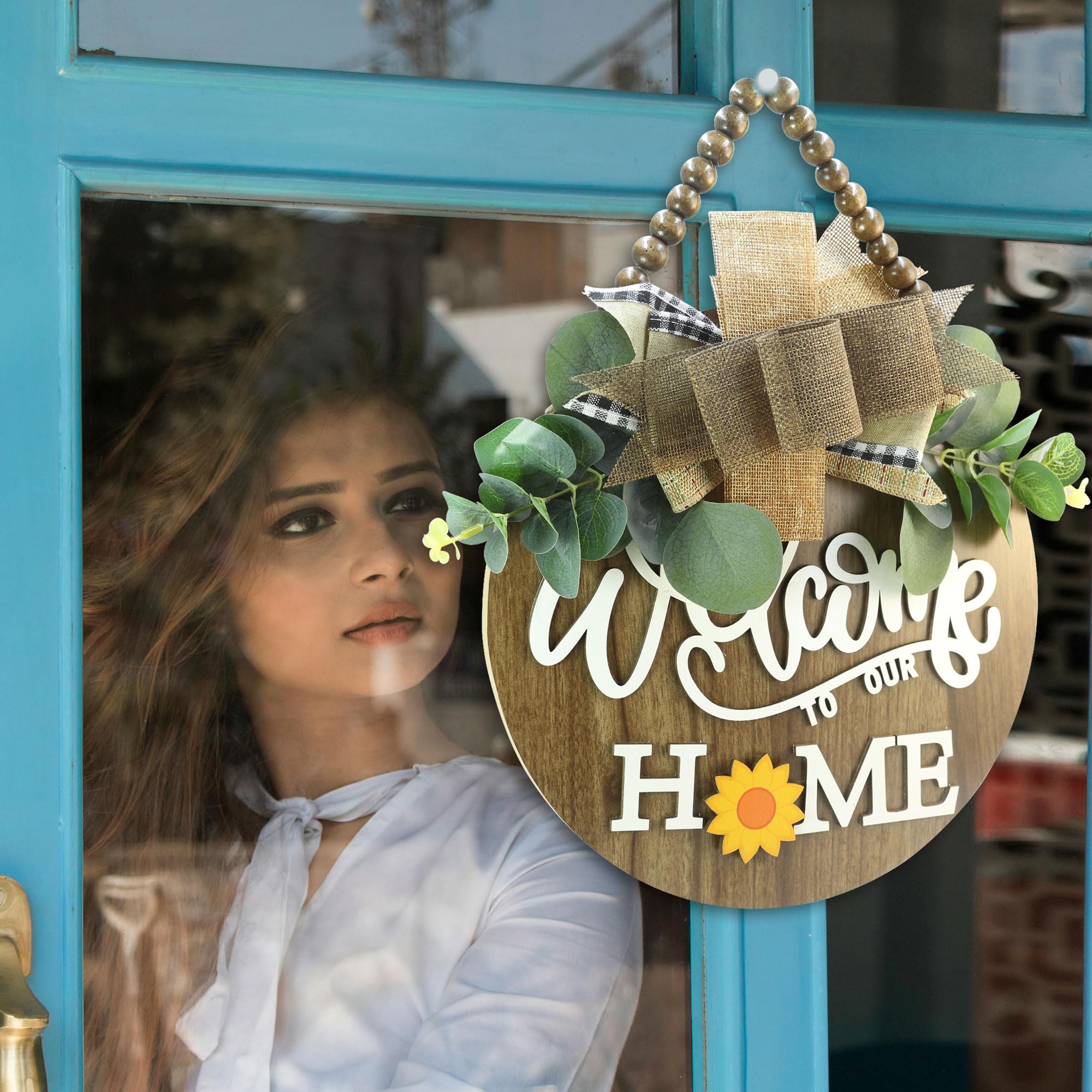 Condorpasea interchangeable 3D Welcome Sign for Front Door |Home/Farmhouse Porch D  cor Wooden Hanging Sign with Artificial Leav