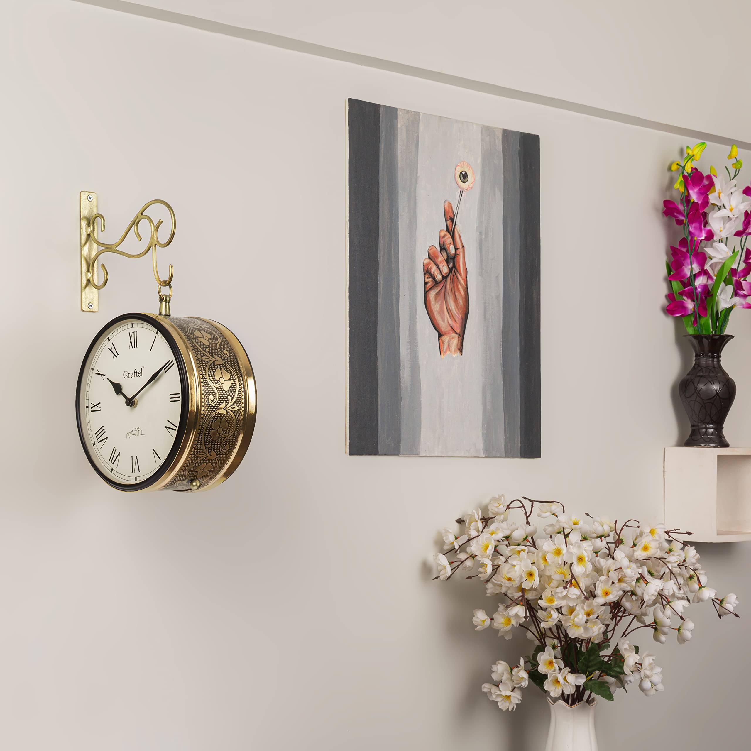 CRAFTEL Metal Analog Double Sided Vintage English Roman Station Wall Clock (Shiny Gold_8 Inches)