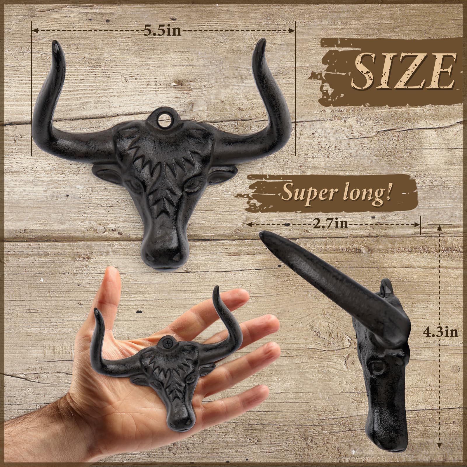 Filano Cowboy Hat Rack For Wall 4 Pack Western Longhorn Cowboy Hat Holder Cast Iron Vintage Rustic Cowboy Hat Hanger Hat Hooks F