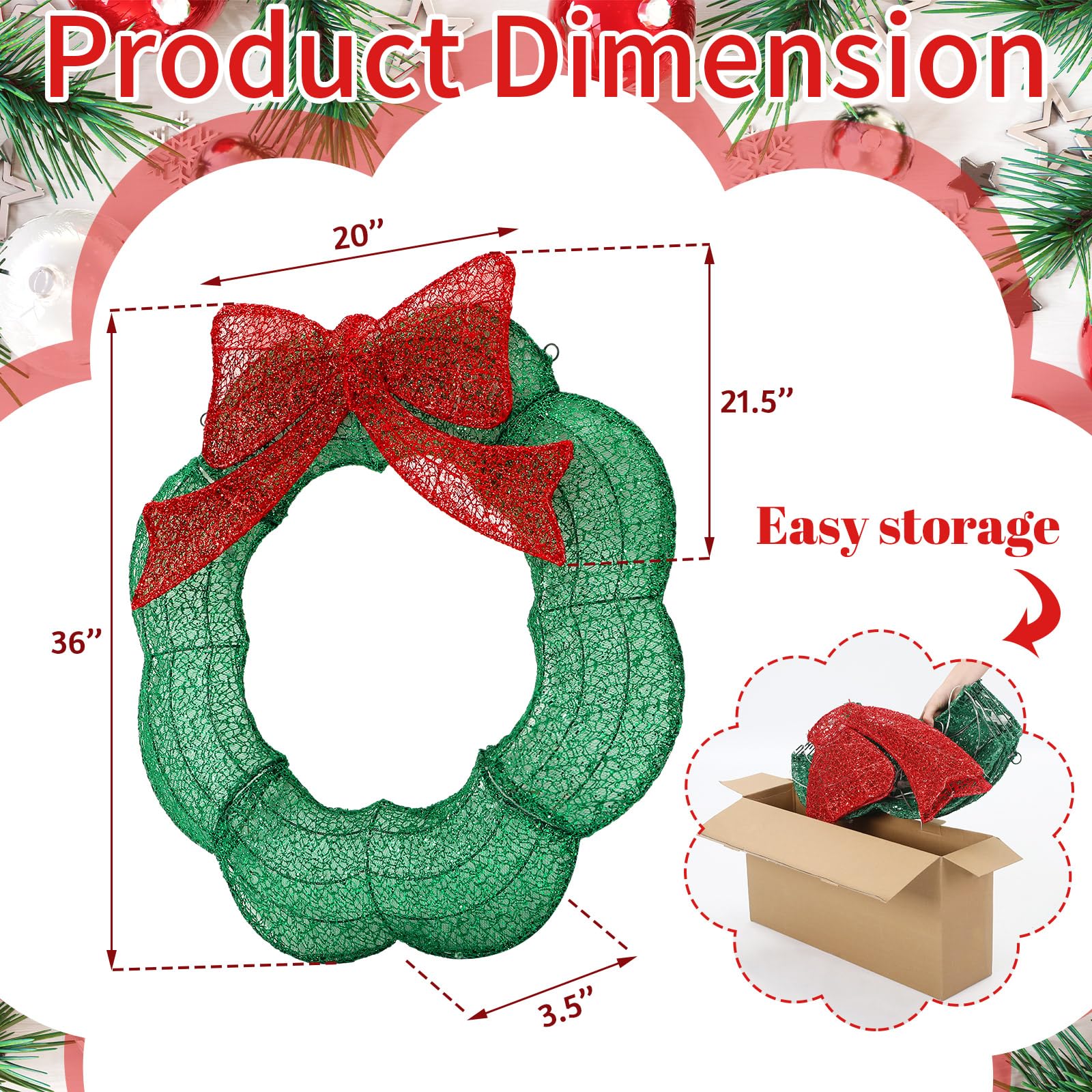 Baquler 36 Inch Pre-lit Christmas Wreath Decoration Metal Xmas Wreath Outdoor with Red and Green Led Lights for Home Garden Yard