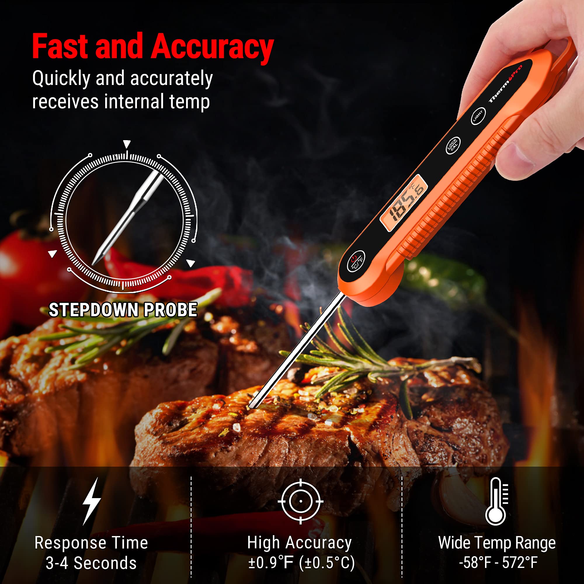 Thermopro Tp03H Digital Instant Read Meat Thermometer For Grilling Waterproof Kitchen Food Lcd Thermometer With Calibration & Ba