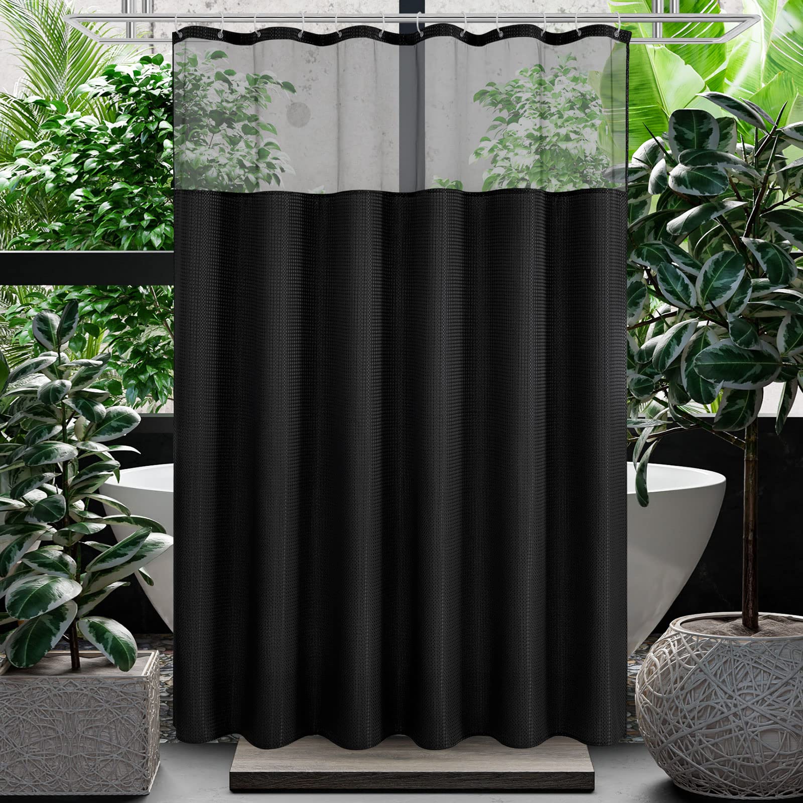 Gibelle Extra Long Shower Curtain 72 X 84, Waffle Weave Fabric Shower Curtain With Mesh Top Window And Hooks Set, Hotel Style Ba