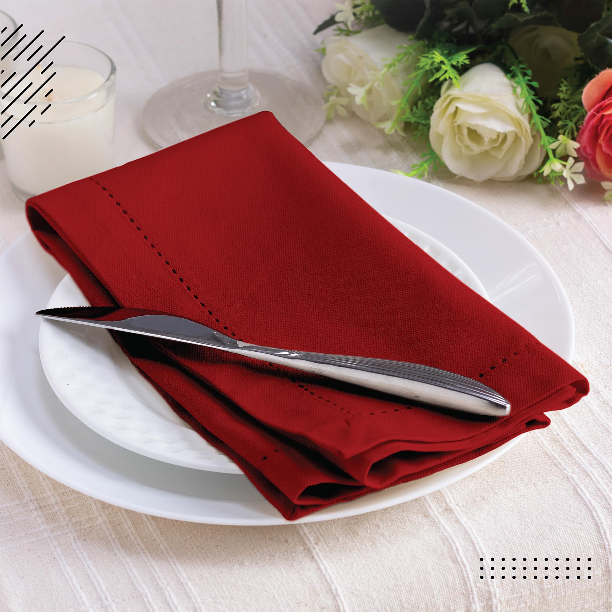 Encasa Xo Cloth Napkins Set Of 4 | Pure Cotton Hemstitched Design | Deep Red | Square 17''X17'' | Dining Table Napkins - Machine