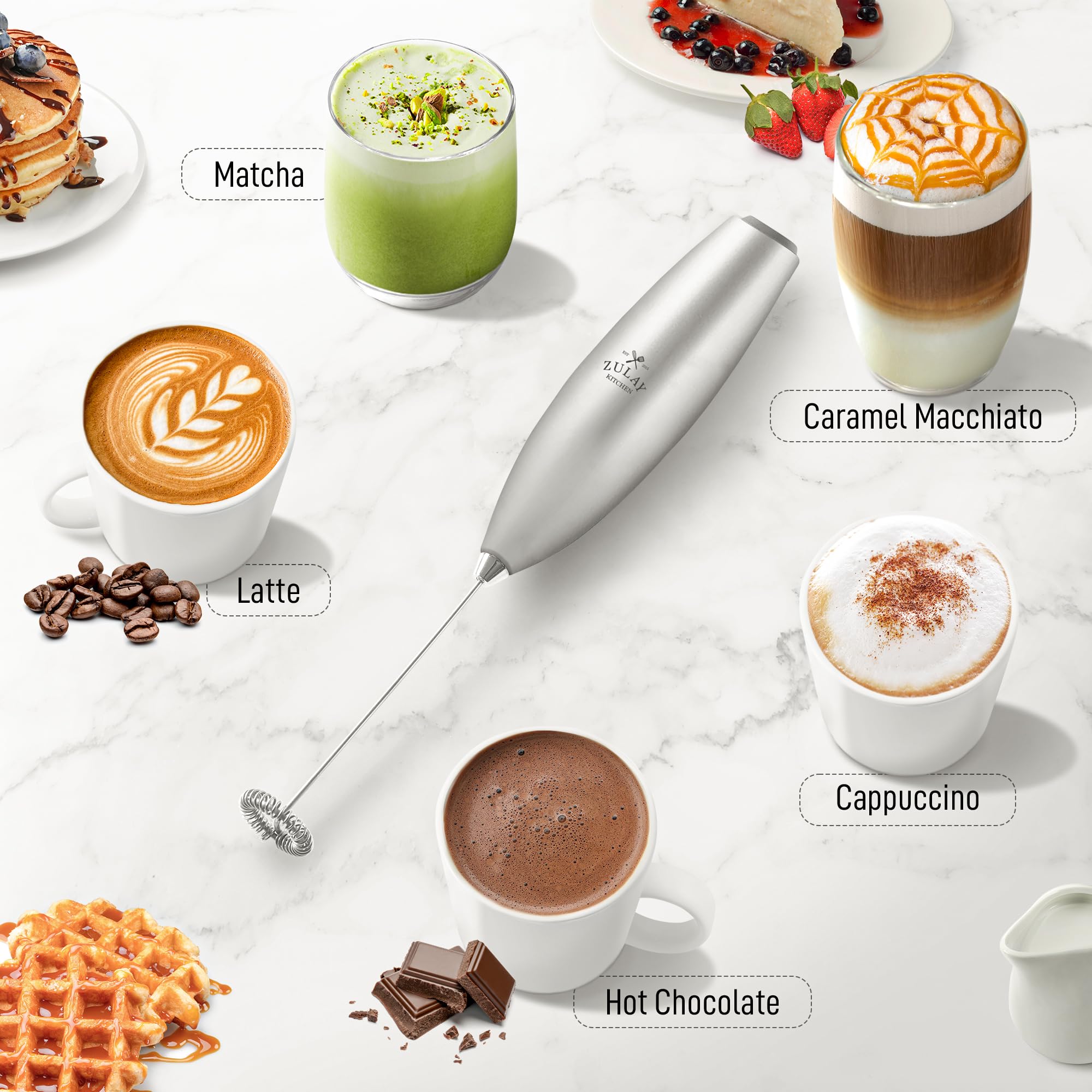 Zulay Powerful Milk Frother - Handheld Electric Whisk, 12,500 RPM, Stainless Steel, Bright Metallic Silver